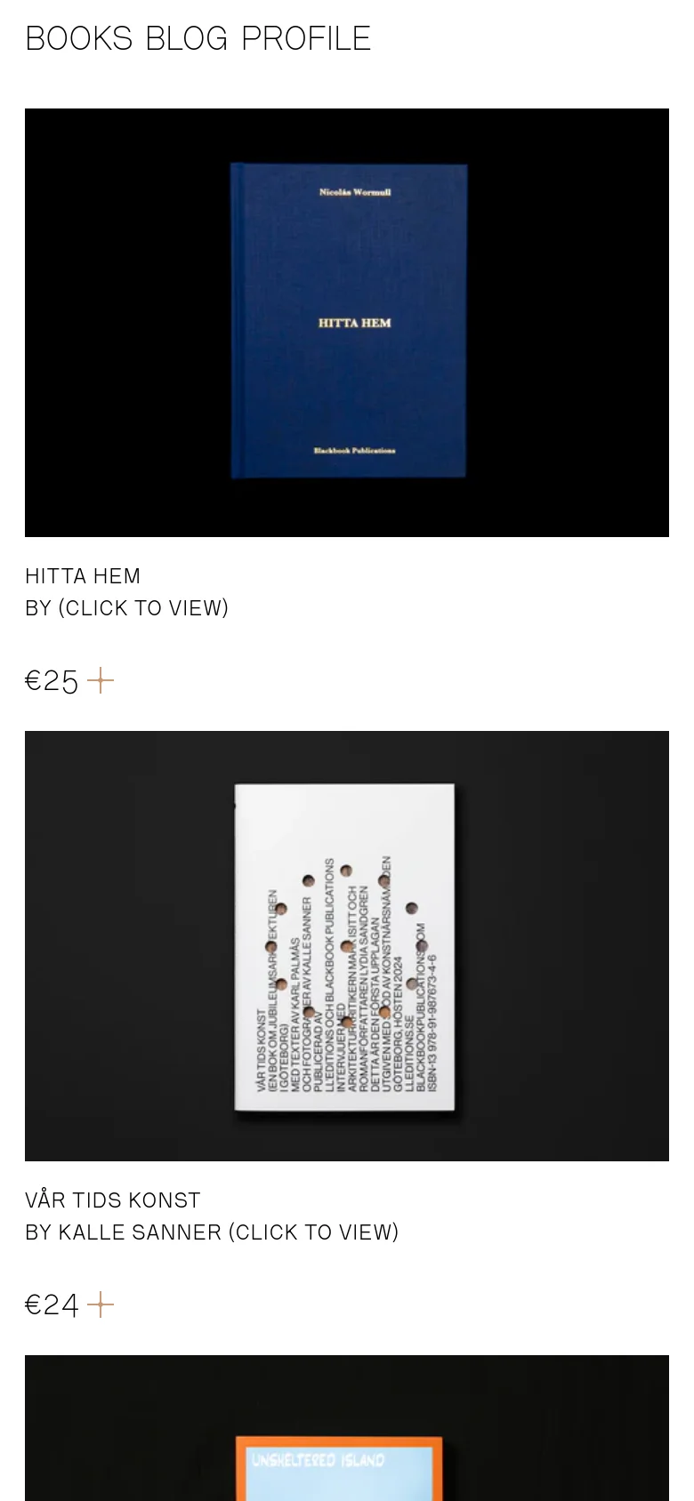 The mobile version maintains the minimalist aesthetic but transitions to a vertical single-column layout. The hero image and book entries are stacked vertically for easier scrolling, and the navigation menu is condensed to fit the narrower screen width.