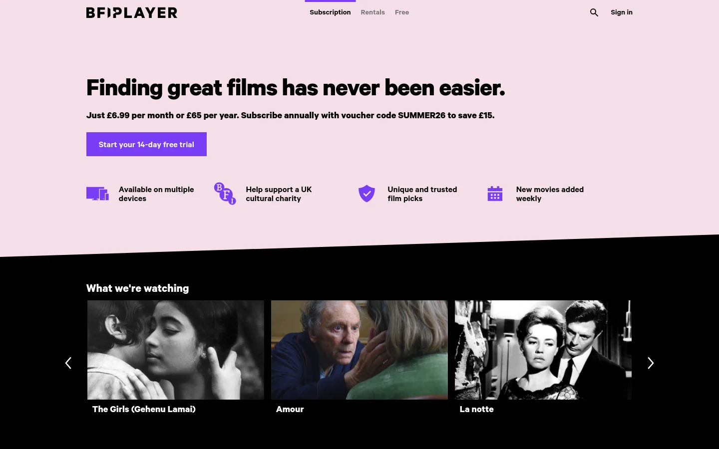 BFI Player Pricing desktop website screenshot