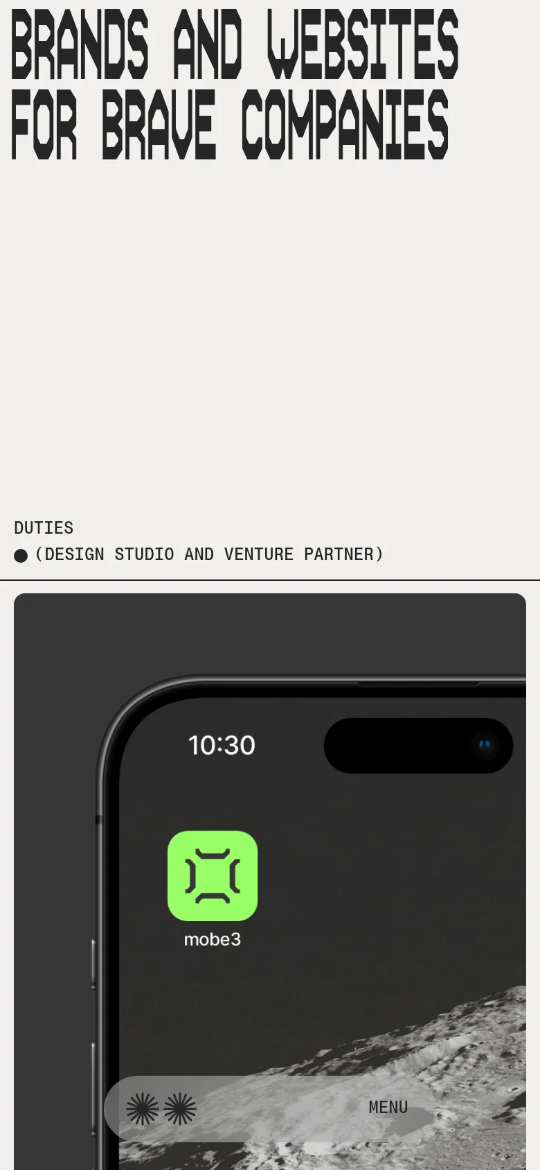 The mobile version maintains the minimalist aesthetic with large, bold typography stacked vertically for readability. The navigation and service details are condensed, and the project imagery transitions from a wide grid to a single-column vertical scroll, emphasizing large-scale visual content.