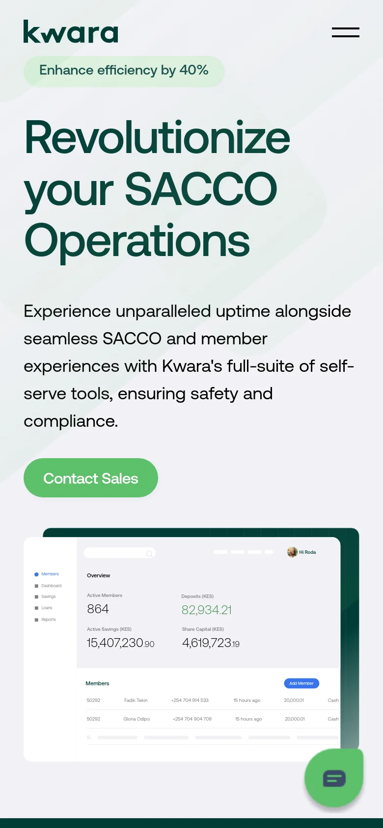 The mobile version uses a single-column vertical layout optimized for small screens. The hero section places the 'Enhance efficiency by 40%' badge and the main headline above the descriptive text and the green 'Contact Sales' button, followed by a scaled-down version of the dashboard mockup below.