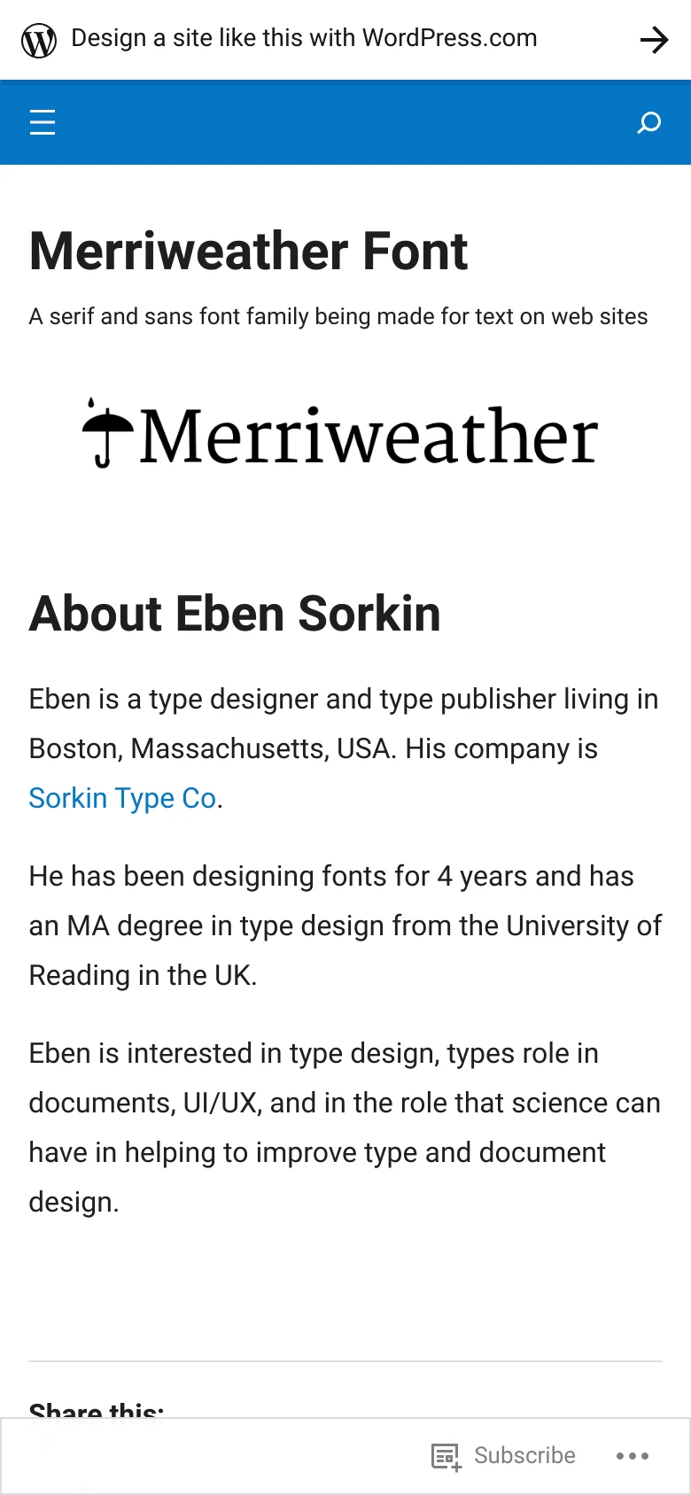 Mobile view of the page showing a simplified, single-column layout with a blue header containing a hamburger menu and search icon. The large Merriweather logo and 'About Eben Sorkin' headline are centered, with the biographical text flowing vertically below. The sidebar elements from the desktop version are moved below the main content.