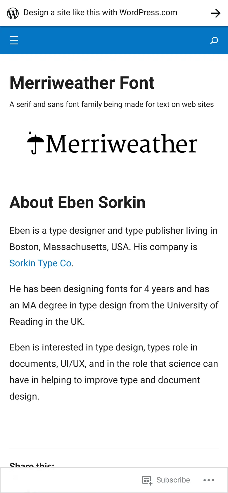 Mobile view of the page showing a simplified, single-column layout with a blue header containing a hamburger menu and search icon. The large Merriweather logo and 'About Eben Sorkin' headline are centered, with the biographical text flowing vertically below. The sidebar elements from the desktop version are moved below the main content.