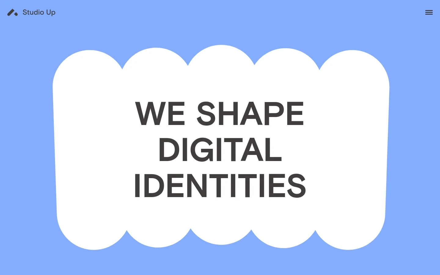 The desktop homepage features a light blue background with a large, white, cloud-like central shape containing the bold headline 'WE SHAPE DIGITAL IDENTITIES'. Below the hero section, a grid of large portfolio project images showcases various client works like ORA Energy Solutions and Lexia. The layout is clean and minimalist with a navigation menu at the top right.