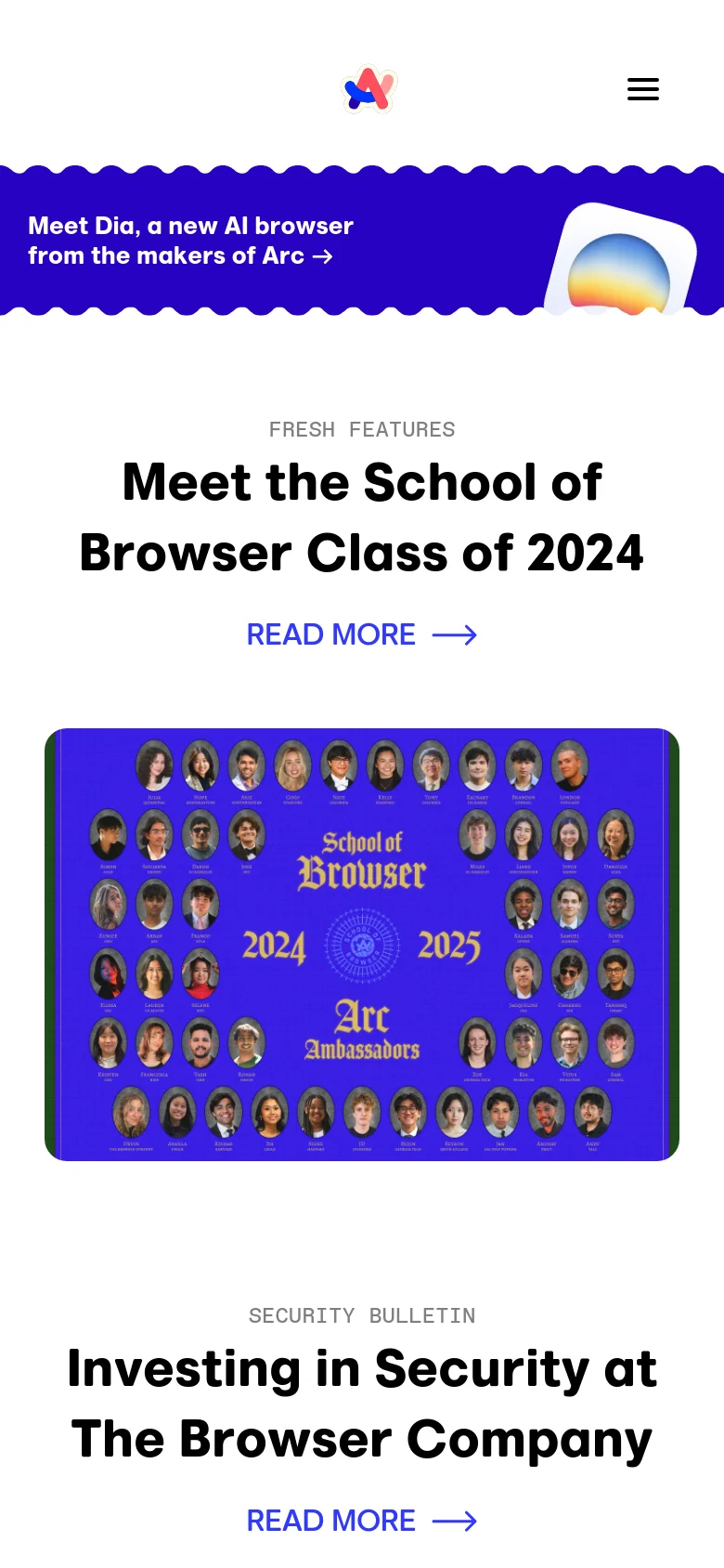 The mobile version presents a simplified vertical layout with a condensed blue promotional banner at the top. The featured article 'Meet the School of Browser Class of 2024' follows, with the text and 'READ MORE' link centered above the large portrait grid. The navigation is tucked into a hamburger menu icon in the top right corner.