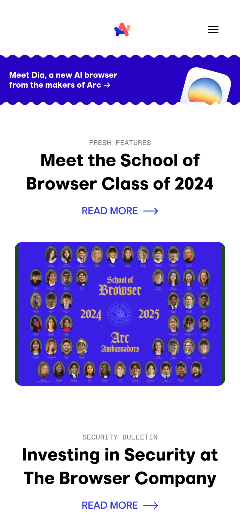 The mobile version presents a simplified vertical layout with a condensed blue promotional banner at the top. The featured article 'Meet the School of Browser Class of 2024' follows, with the text and 'READ MORE' link centered above the large portrait grid. The navigation is tucked into a hamburger menu icon in the top right corner.