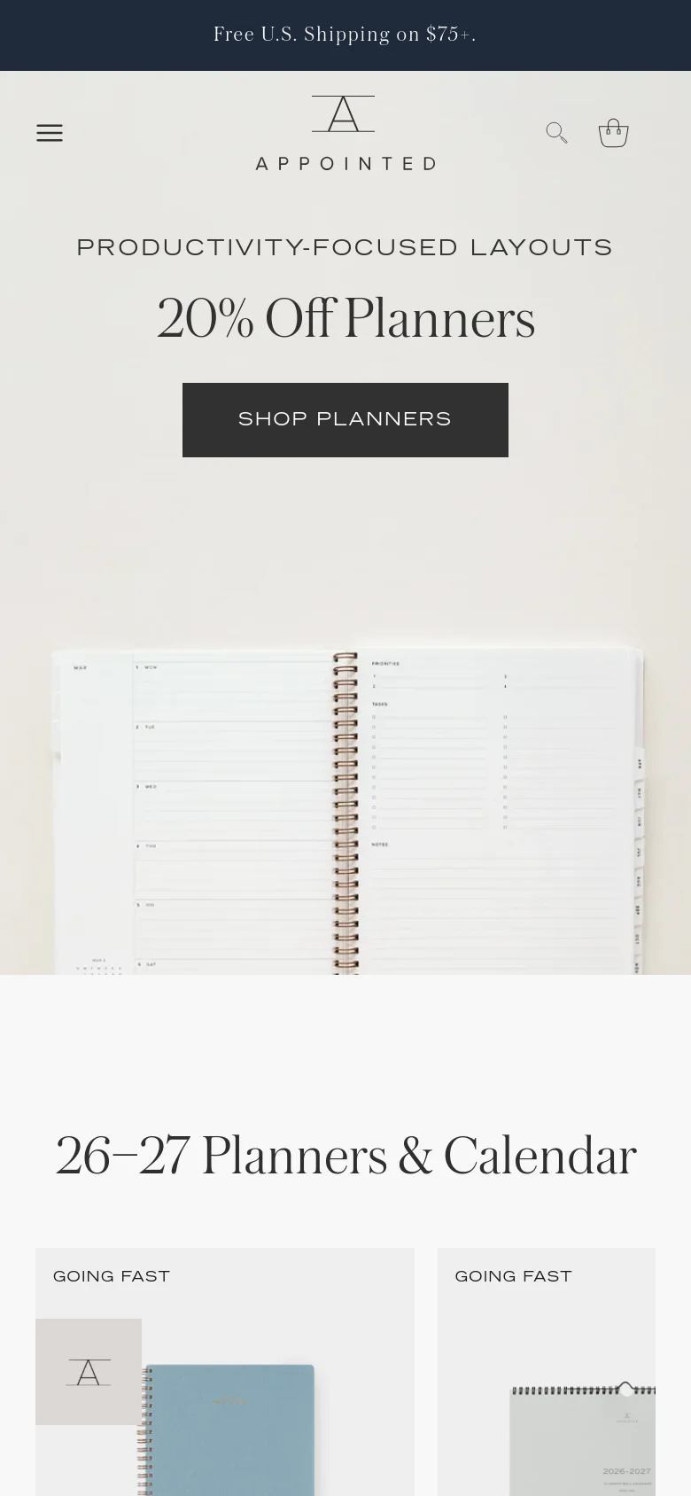 The mobile version uses a single-column layout optimized for vertical scrolling. The hero section features the '20% Off Planners' headline and 'SHOP PLANNERS' button centered above a large image of an open planner. The navigation is condensed into a hamburger menu icon, and product listings appear as large, stacked cards with titles and prices.