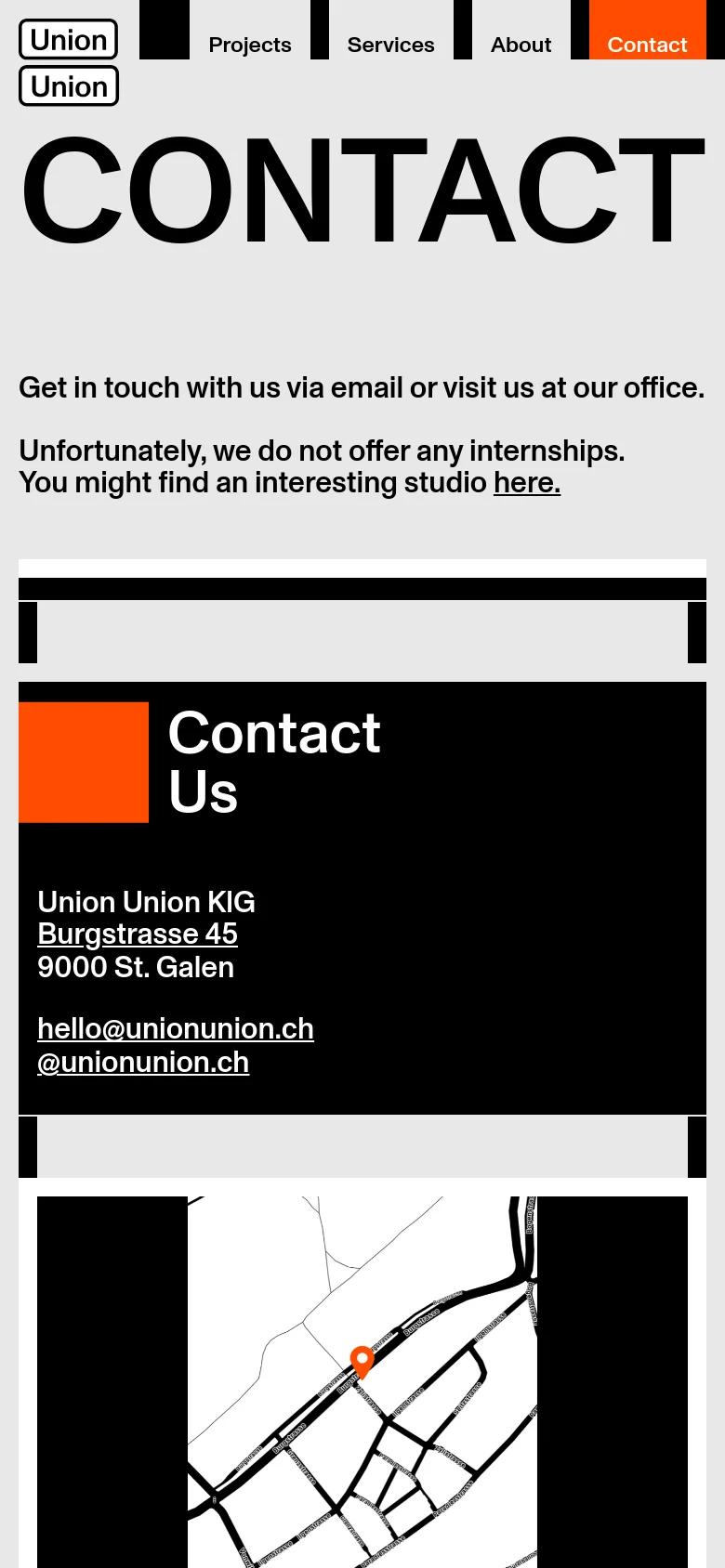 The mobile version maintains the minimalist black and white aesthetic but stacks the content vertically. The large 'CONTACT' headline is followed by the introductory text, then the contact information block, and finally the map image, creating a single-column scrolling experience.