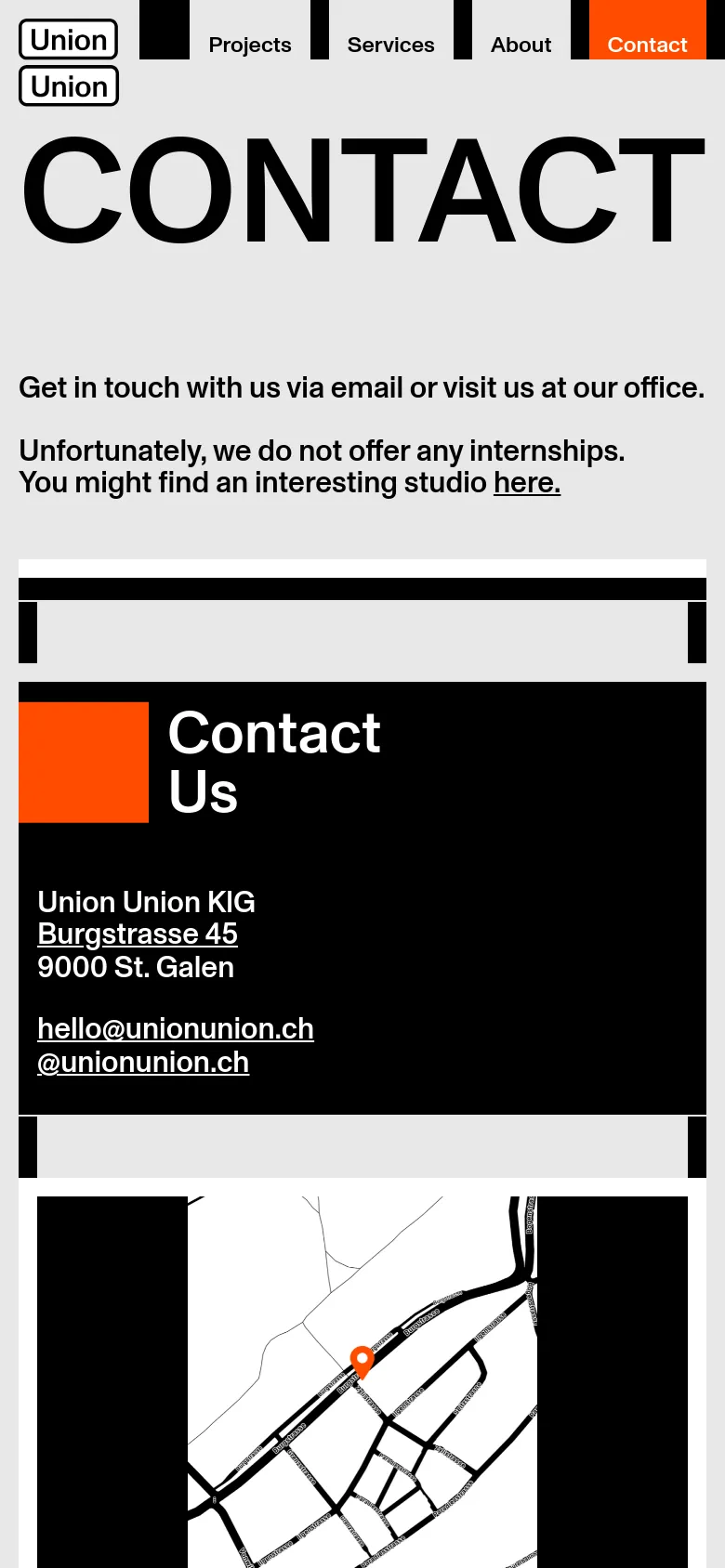 The mobile version maintains the minimalist black and white aesthetic but stacks the content vertically. The large 'CONTACT' headline is followed by the introductory text, then the contact information block, and finally the map image, creating a single-column scrolling experience.