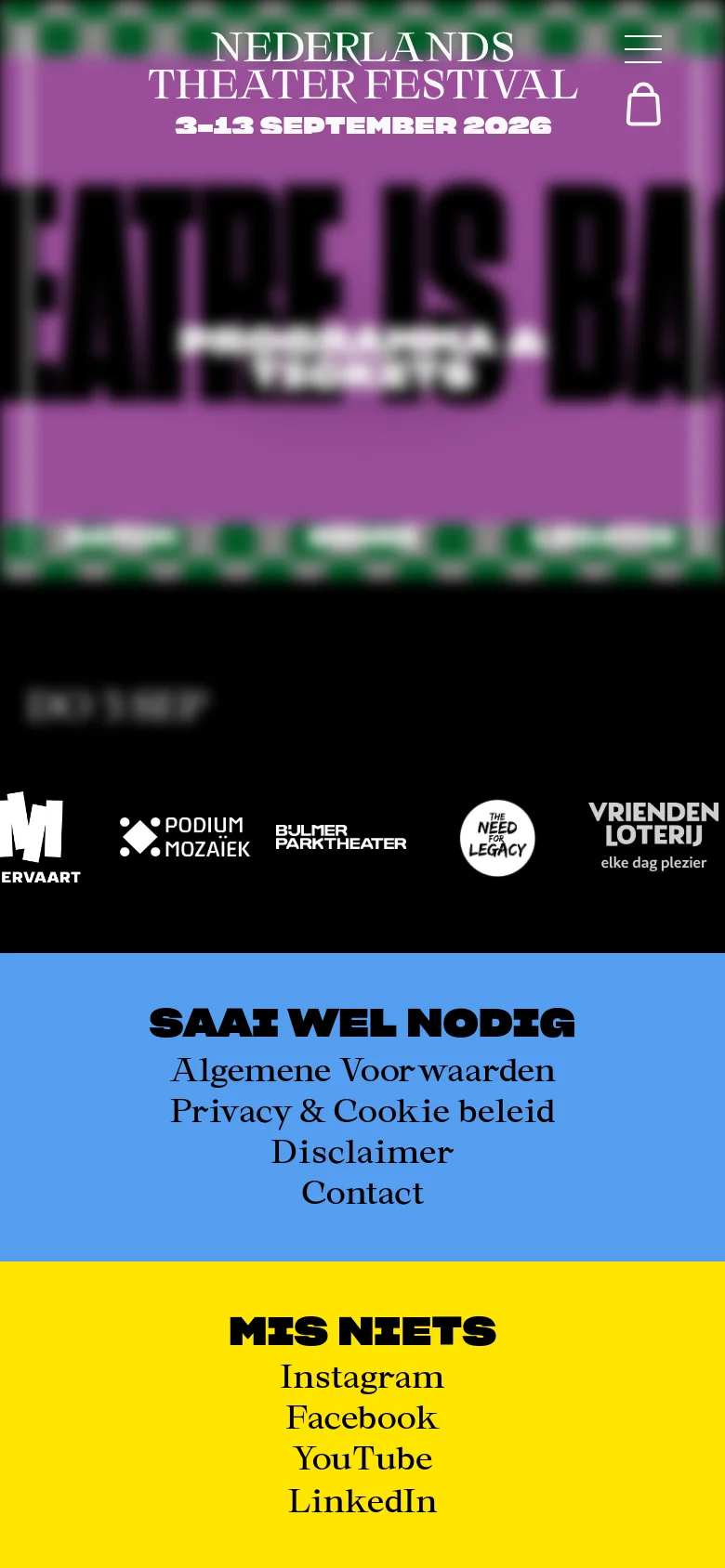 The mobile version presents a condensed view with the purple hero banner at the top, followed by a simplified list of performance entries. The layout is vertically stacked, with the filter options and performance details appearing in a single column, and the footer maintains the blue and yellow color blocks for links and social media.