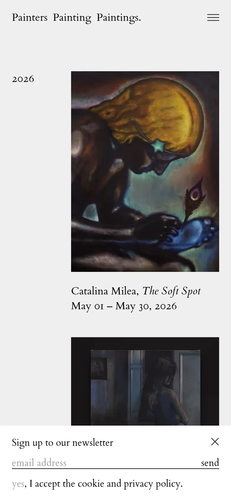 The mobile version maintains the minimalist white and black aesthetic, presenting the archive as a single vertical list. The layout is optimized for scrolling, with exhibition thumbnails, titles, and dates stacked vertically to fit the narrow screen width.