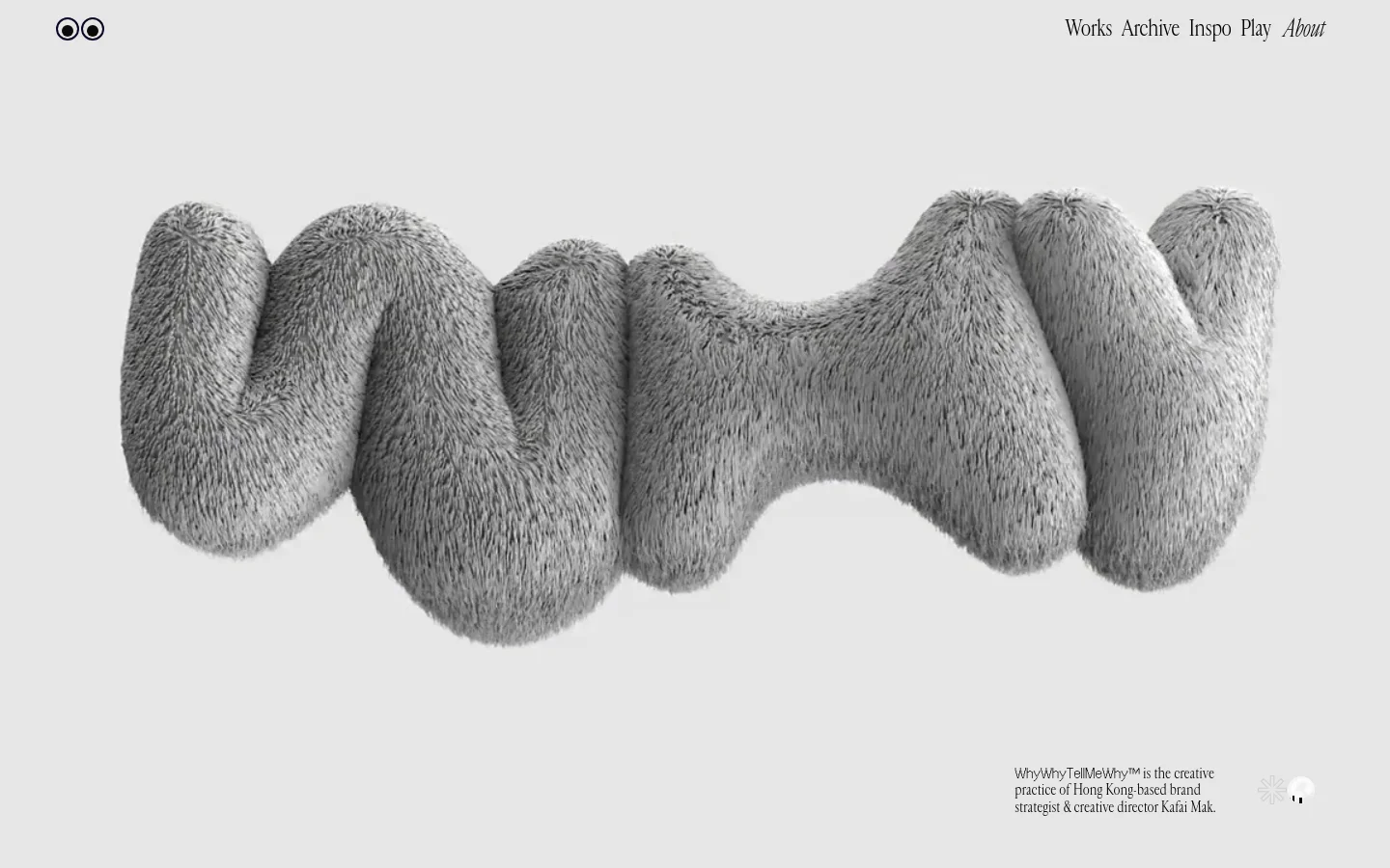 The desktop homepage features a minimalist light gray background with a large, central 3D textured shape resembling a wavy, furry object. A navigation menu is located at the top right, and a brief text description of Kafai Mak's creative practice is positioned at the bottom right.