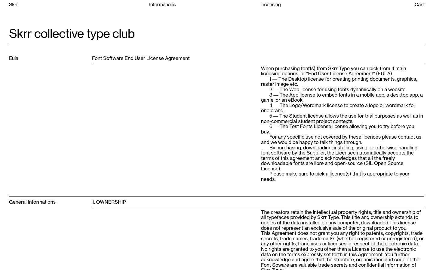 The desktop version of the Licensing page features a minimalist white background with black text and a clean navigation bar at the top. The layout uses a multi-column grid to present the Font Software End User License Agreement, with headings like 'Eula' and 'Ownership' organized alongside descriptive text. A large, bold headline reads 'Skrr collective type club' above a thin horizontal divider.