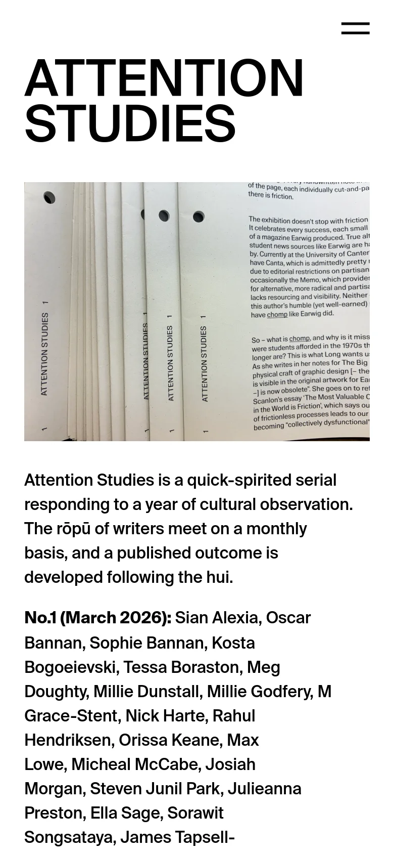 The mobile version simplifies the layout into a single vertical column, removing the side navigation in favor of a top-aligned hamburger menu. The 'ATTENTION STUDIES' heading is prominently displayed above a large hero image, followed by the publication description and a long list of names in a stacked format.