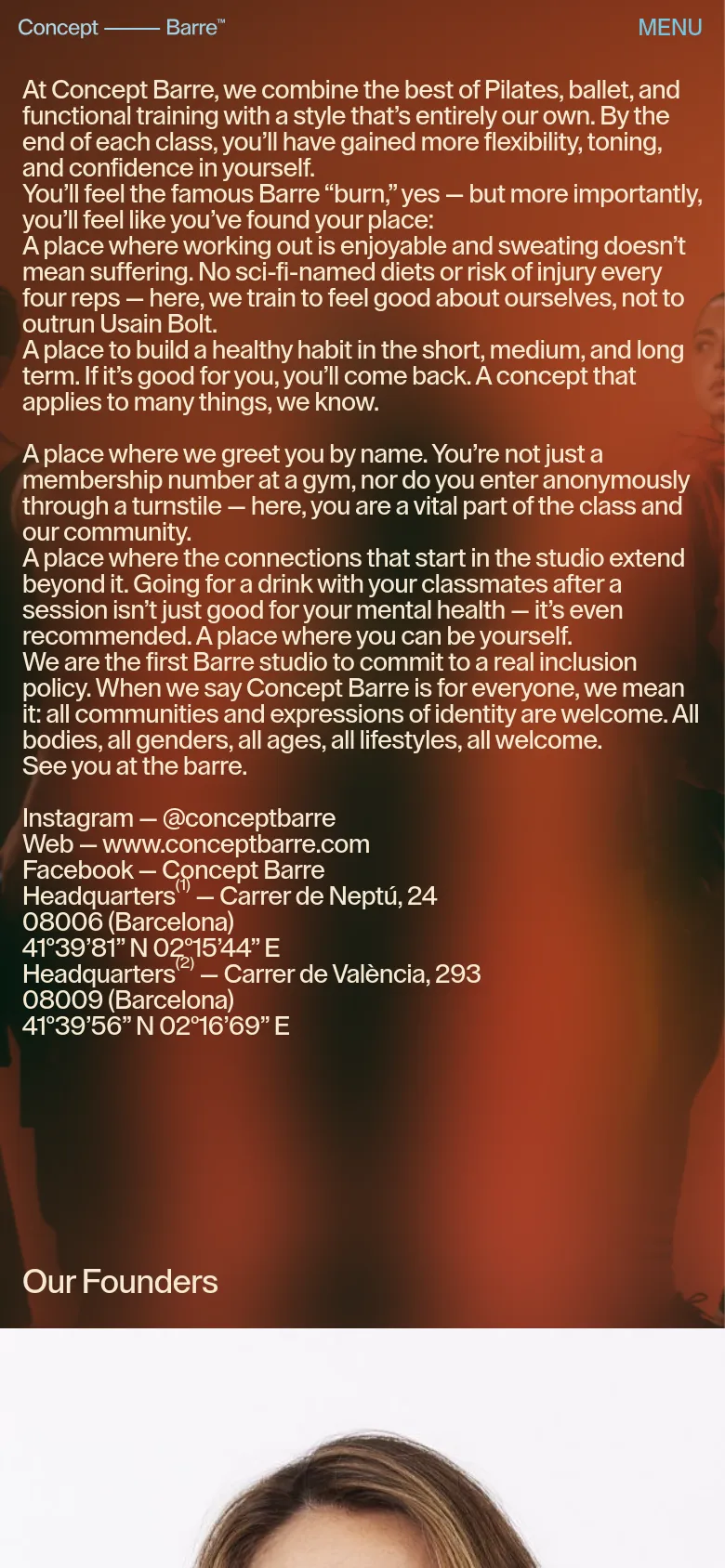 Concept Barre about page with a stacked mobile layout. The design uses large serif headings, centered text blocks for the brand mission, and a vertical arrangement of founder portraits against a warm, earthy background.