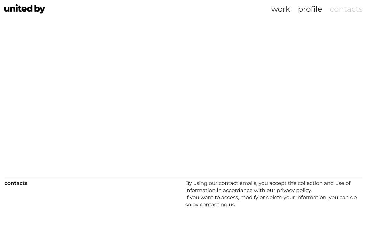 The desktop page features a minimalist white background with the 'united by' logo on the top left and navigation links for work, profile, and contacts on the top right. A large map image occupies the center, followed by the headline 'contacts' and a text block regarding privacy policy and data usage.