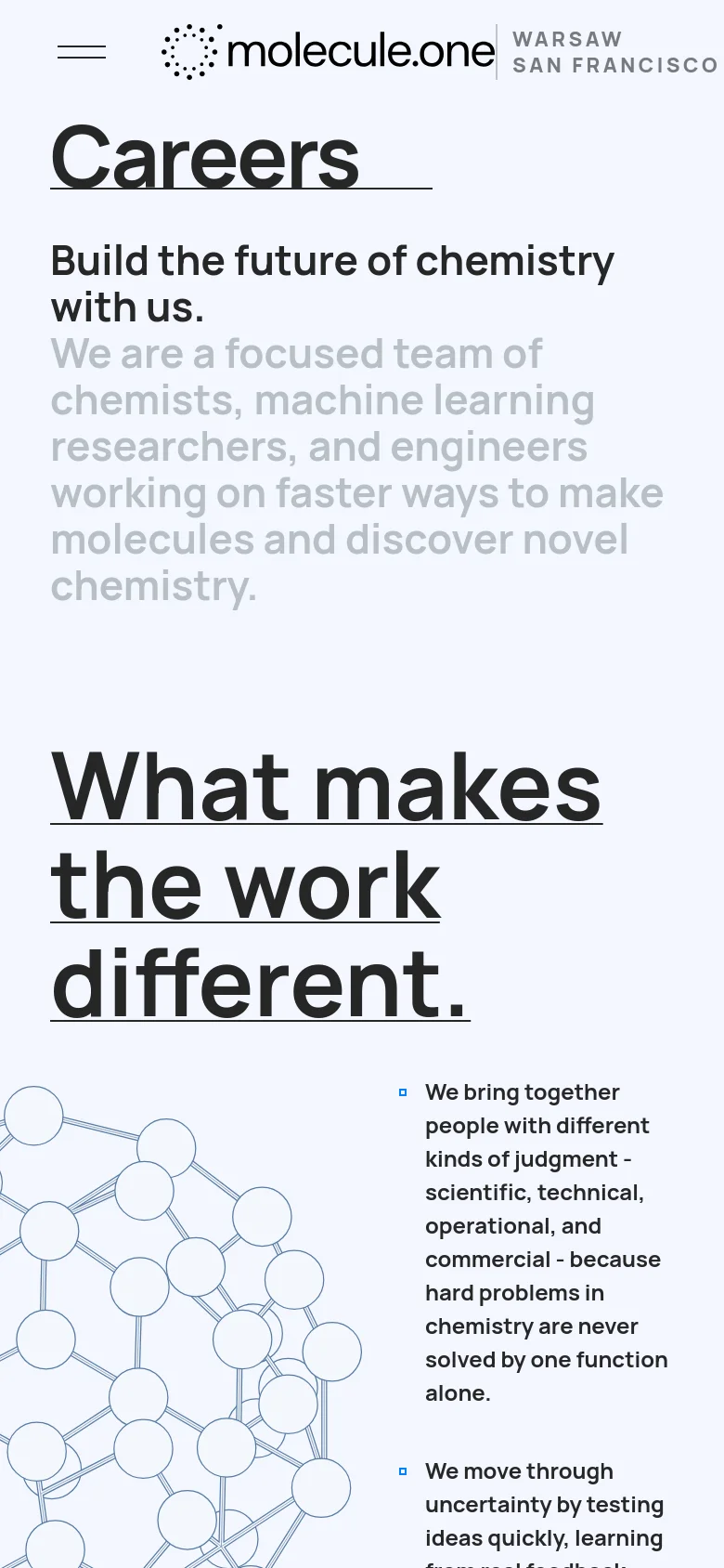 The mobile version maintains the minimalist white and blue theme but uses a vertical single-column layout. The navigation is condensed into a hamburger menu, and the large molecular graphic is repositioned below the text content to fit the narrow screen width.
