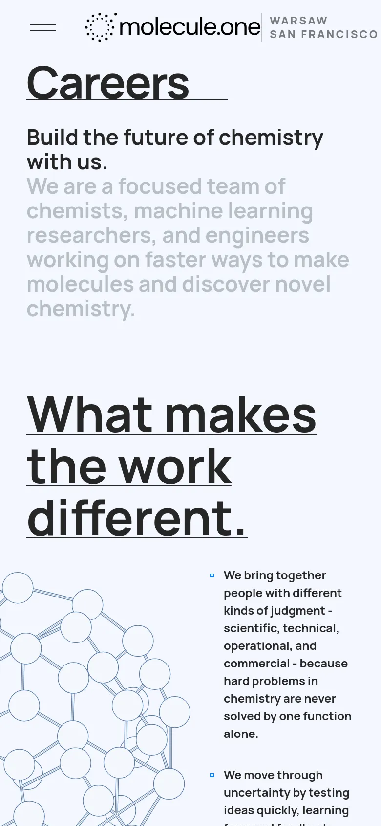 The mobile version maintains the minimalist white and blue theme but uses a vertical single-column layout. The navigation is condensed into a hamburger menu, and the large molecular graphic is repositioned below the text content to fit the narrow screen width.