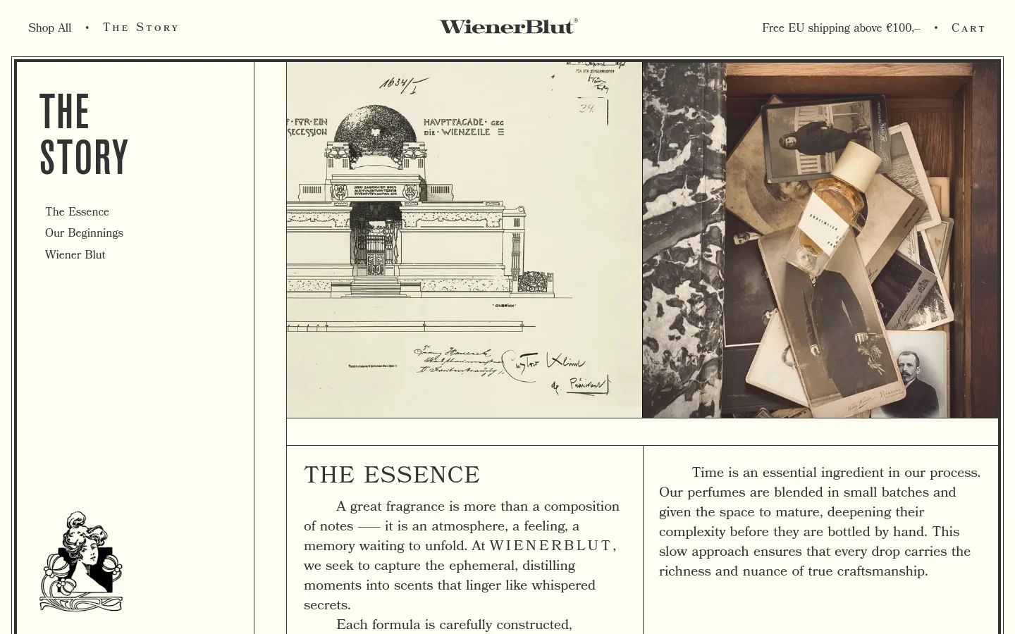 The desktop page features a minimalist design with a cream background and black serif typography. The layout is split into sections: a left sidebar with the title 'THE STORY' and navigation links, a large hero area showing an architectural sketch alongside a photograph of perfume bottles, and a lower section containing text under the headline 'THE ESSENCE'.