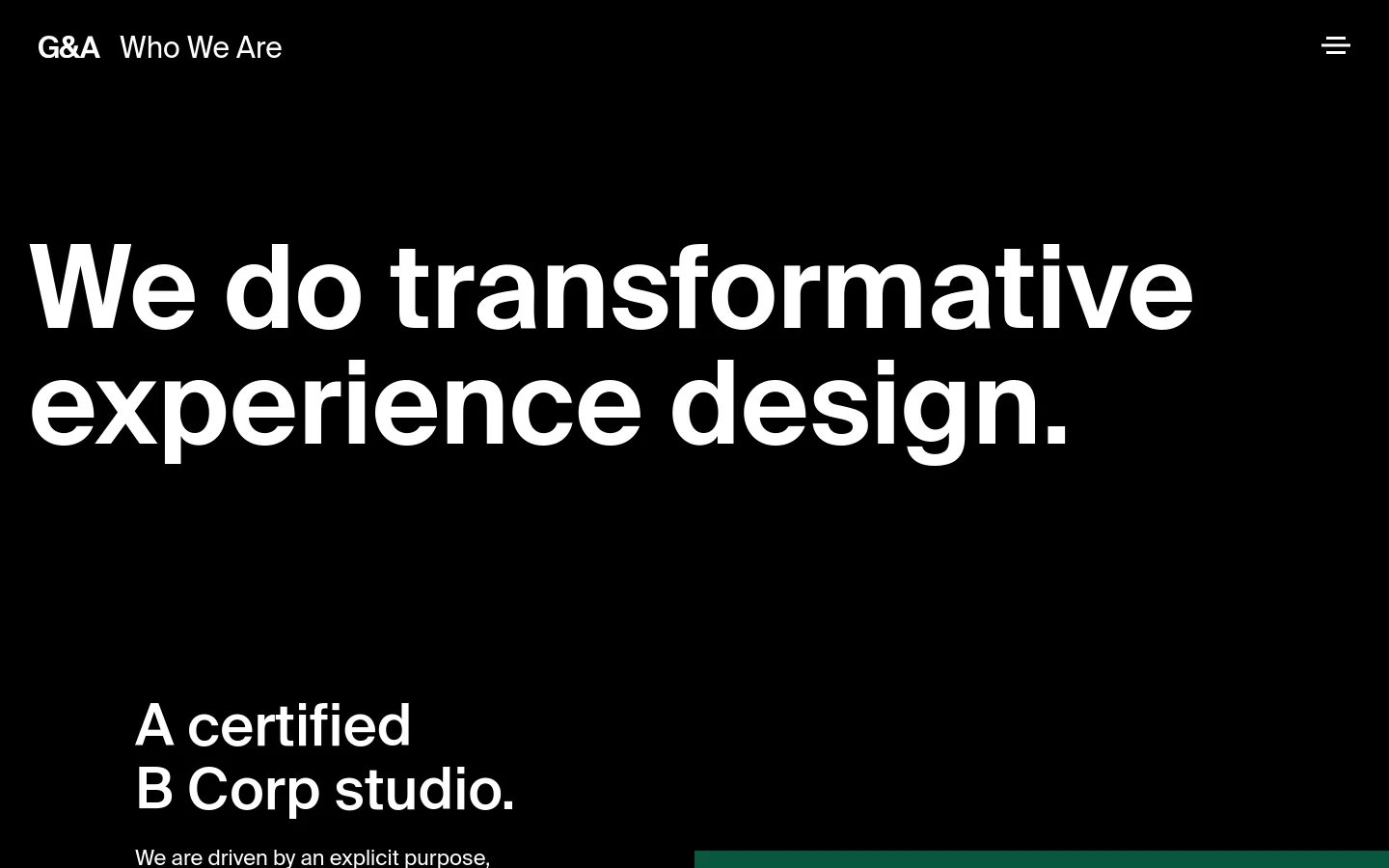 The desktop page features a minimalist black and white design with large, bold typography stating 'We do transformative experience design.' Below, a dark green section displays the white B Corp logo and text about being a certified studio. The layout is spacious with high contrast and clean lines.