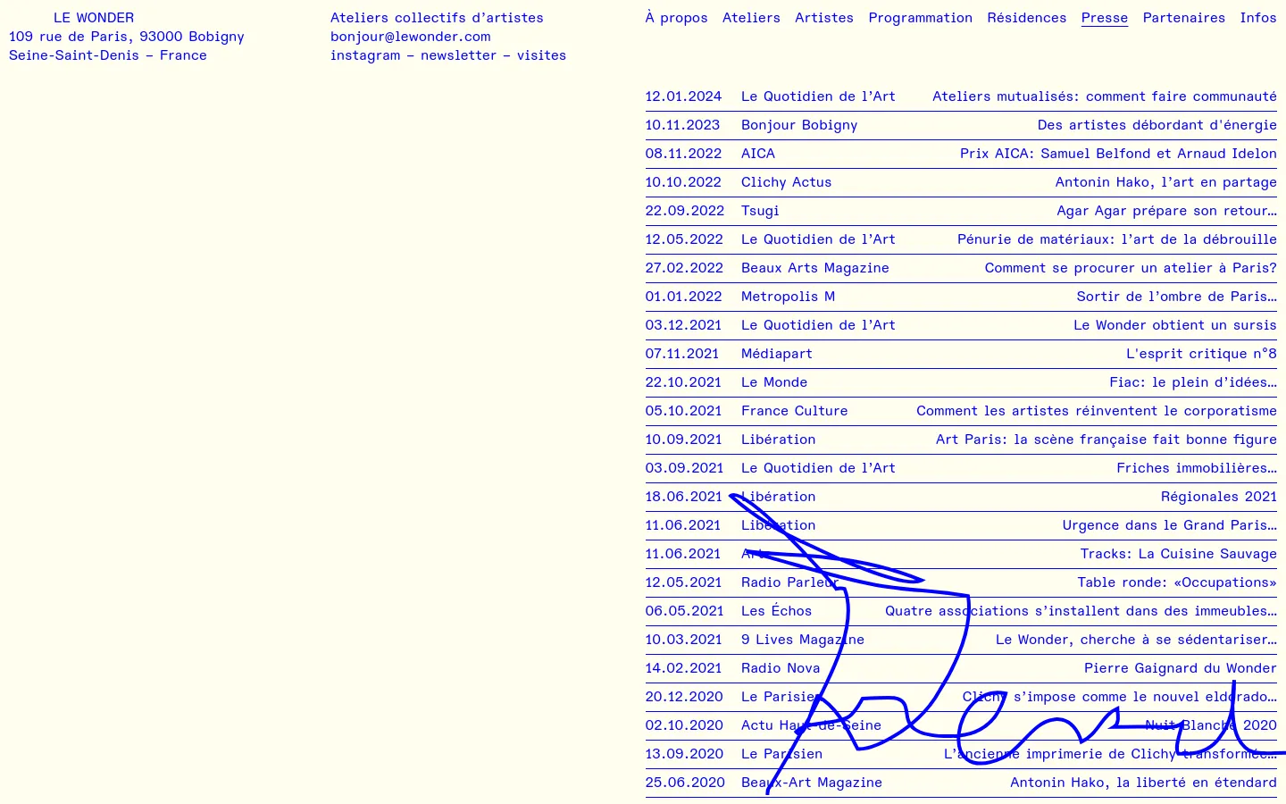 The Presse page features a minimalist white background with blue text. A list of press mentions is organized in a grid-like layout, showing dates, publication names like Le Monde and Libération, and article headlines separated by thin blue lines.