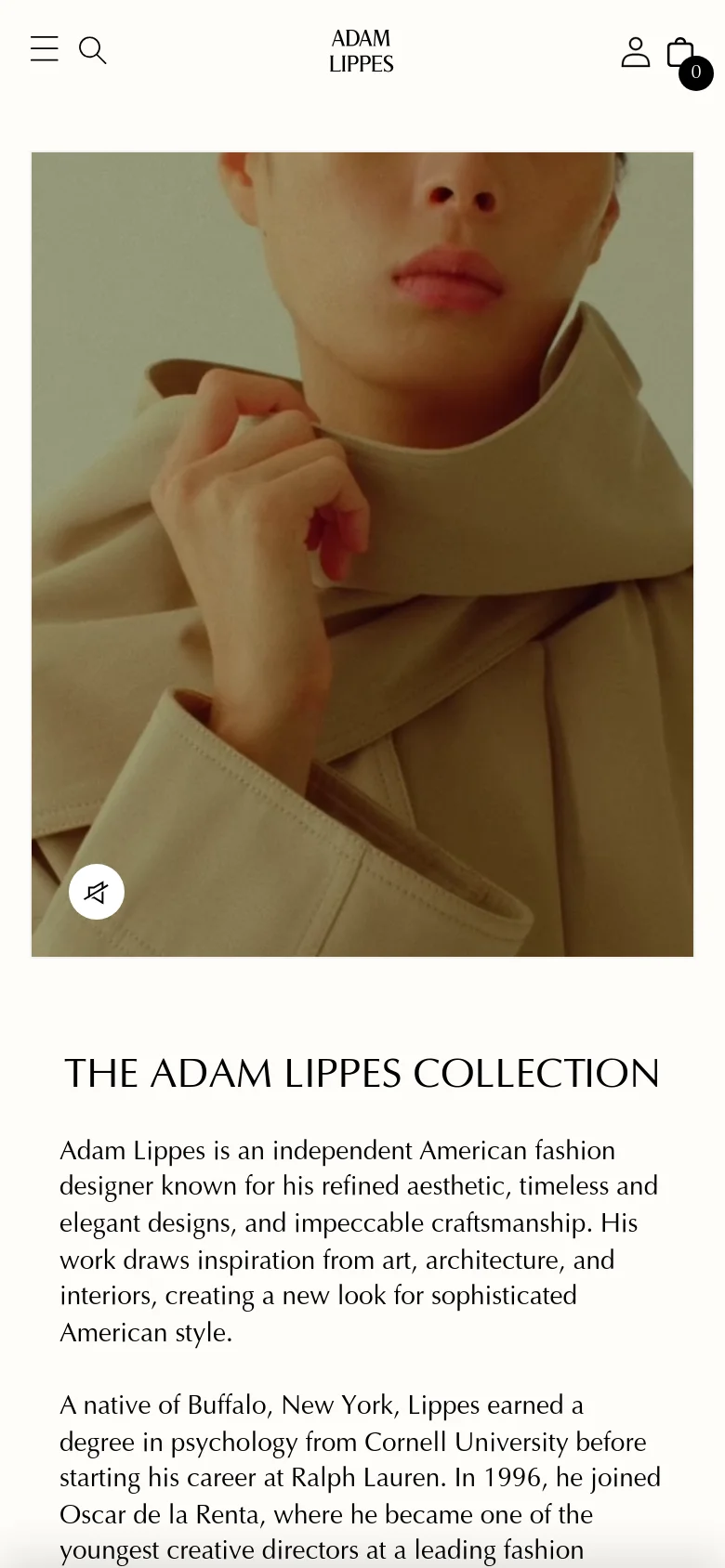 The mobile version presents a single-column layout where the large hero image is positioned at the top, followed by the 'THE ADAM LIPPES COLLECTION' headline and biographical text below. The header is condensed, featuring a hamburger menu, search icon, brand logo, and account/cart icons, providing a streamlined vertical experience.