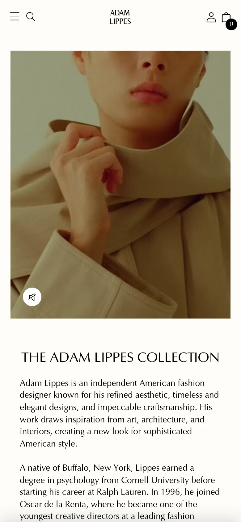 The mobile version presents a single-column layout where the large hero image is positioned at the top, followed by the 'THE ADAM LIPPES COLLECTION' headline and biographical text below. The header is condensed, featuring a hamburger menu, search icon, brand logo, and account/cart icons, providing a streamlined vertical experience.