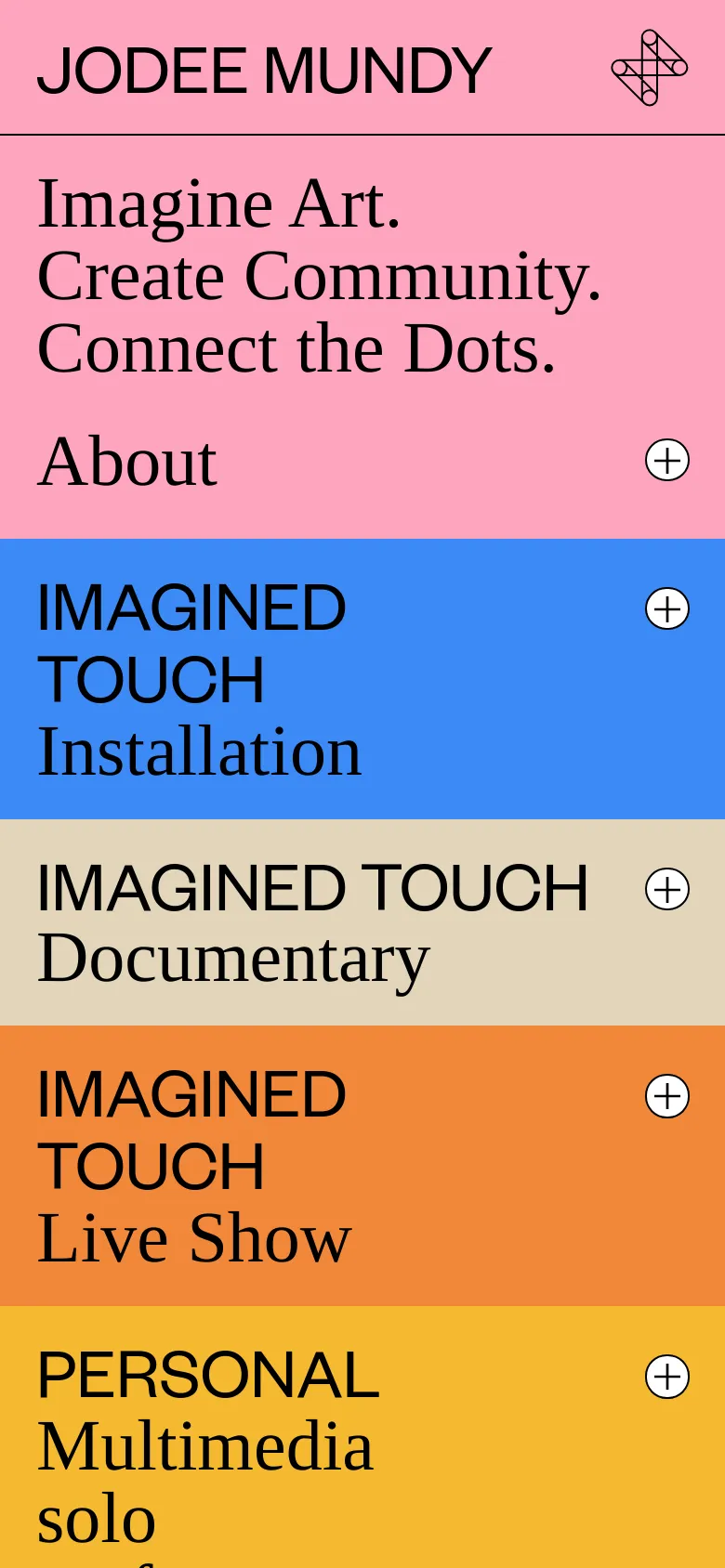 The mobile version uses a vertical stack of full-width, brightly colored blocks in pink, blue, tan, and orange. Each block contains a large project title and a plus icon for expansion, creating a simplified, touch-friendly navigation menu compared to the desktop layout.