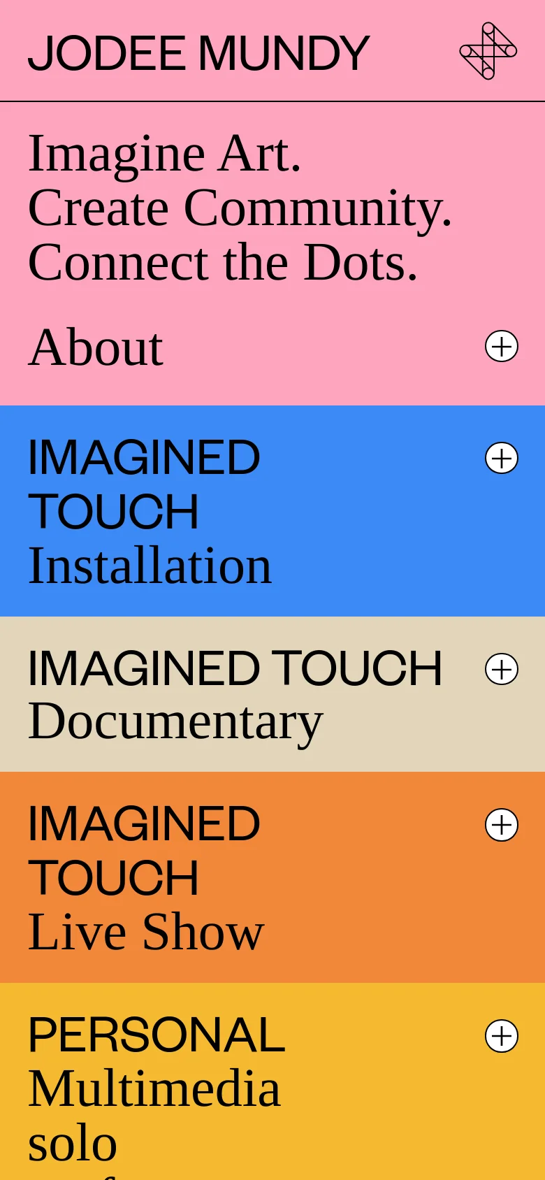 The mobile version uses a vertical stack of full-width, brightly colored blocks in pink, blue, tan, and orange. Each block contains a large project title and a plus icon for expansion, creating a simplified, touch-friendly navigation menu compared to the desktop layout.