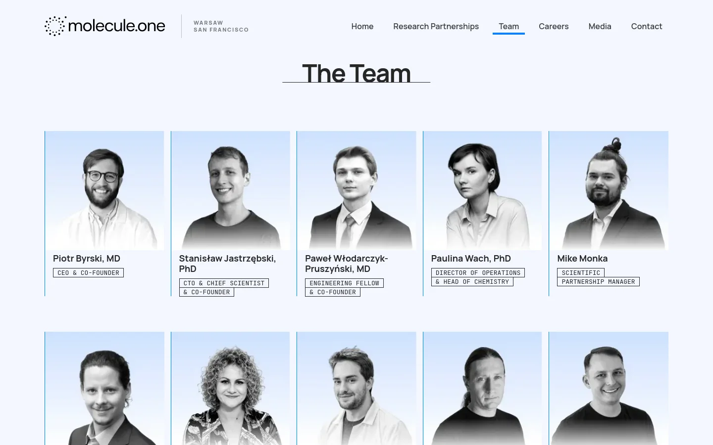 The 'The Team' page features a clean, white background with a minimalist navigation menu at the top. A grid of professional black-and-white headshots displays team members, each accompanied by their name and job title in a boxed text format. The layout is organized into multiple rows of five columns on desktop.
