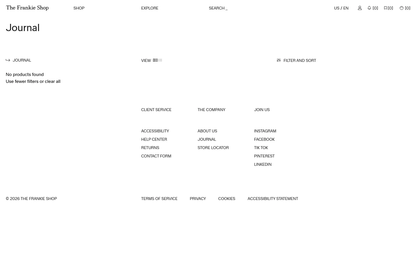 The desktop version of The Frankie Shop's Journal page features a minimalist white layout with a large 'Journal' heading. The navigation menu includes Shop, Explore, and Search, while the main content area displays a message stating 'No products found' alongside view and filter options. A multi-column footer provides links to client service, company information, and social media.