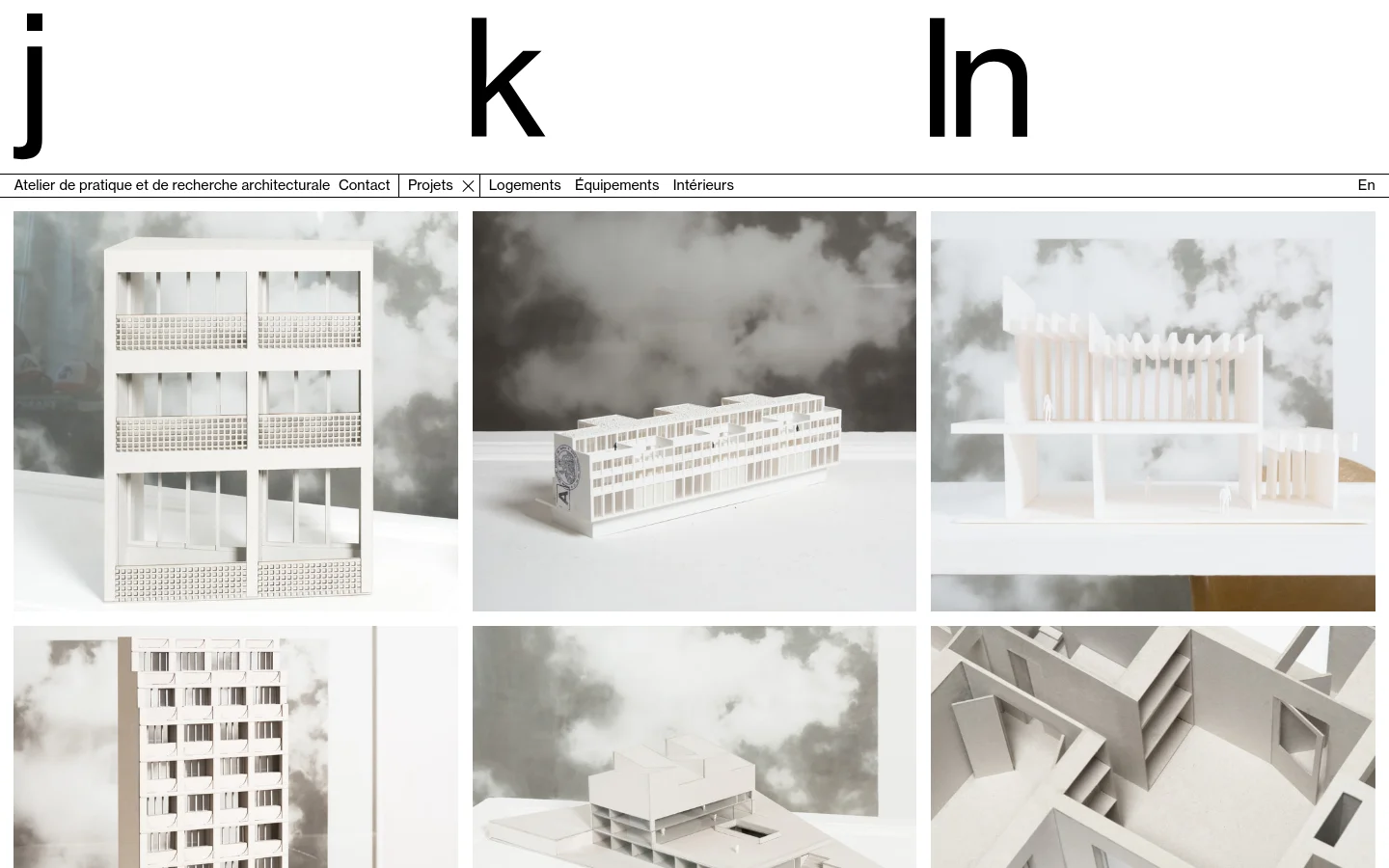 The desktop version shows a minimalist architectural portfolio page with a large 'jkln' logo at the top. Below a navigation menu, a grid of large architectural project images is displayed, each featuring a white model against a cloudy background with a project title and country code below it.