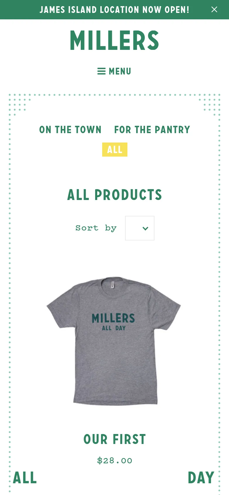 The mobile version simplifies the layout, replacing the top navigation links with a centered 'MENU' hamburger icon and a large brand logo. The product grid is condensed to show fewer items per row, and the sub-navigation categories are stacked vertically above the 'All Products' heading.