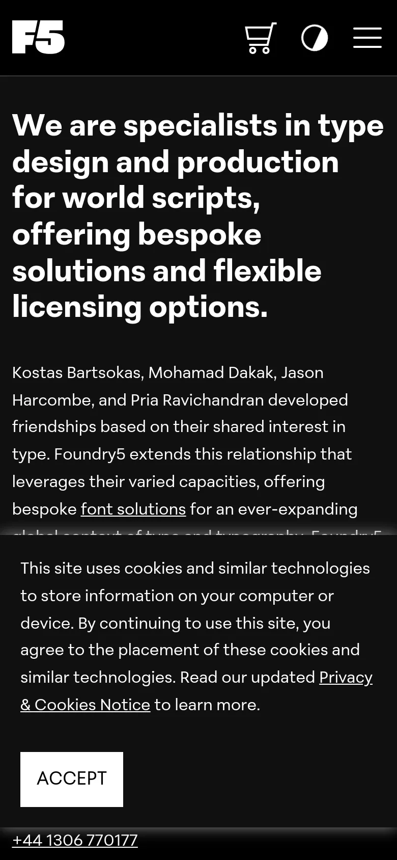 The mobile version uses a vertical stack layout on a dark background. The large headline dominates the top of the screen, followed by text content and a cookie consent banner with an 'ACCEPT' button. The navigation is condensed into a hamburger menu icon next to a shopping cart and theme toggle icon.