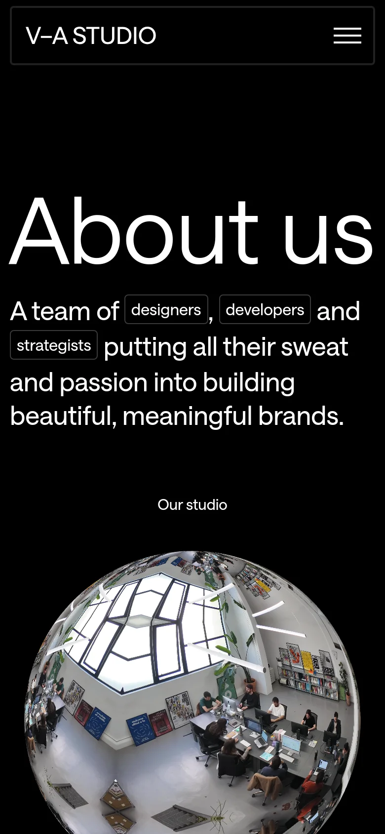 The mobile version maintains the black background and white text but scales the large 'About us' headline and mission statement to fit the narrower screen. The navigation is condensed into a hamburger menu icon next to the 'V-A STUDIO' logo, and the content flows vertically, starting with a circular fisheye photo of the studio workspace.