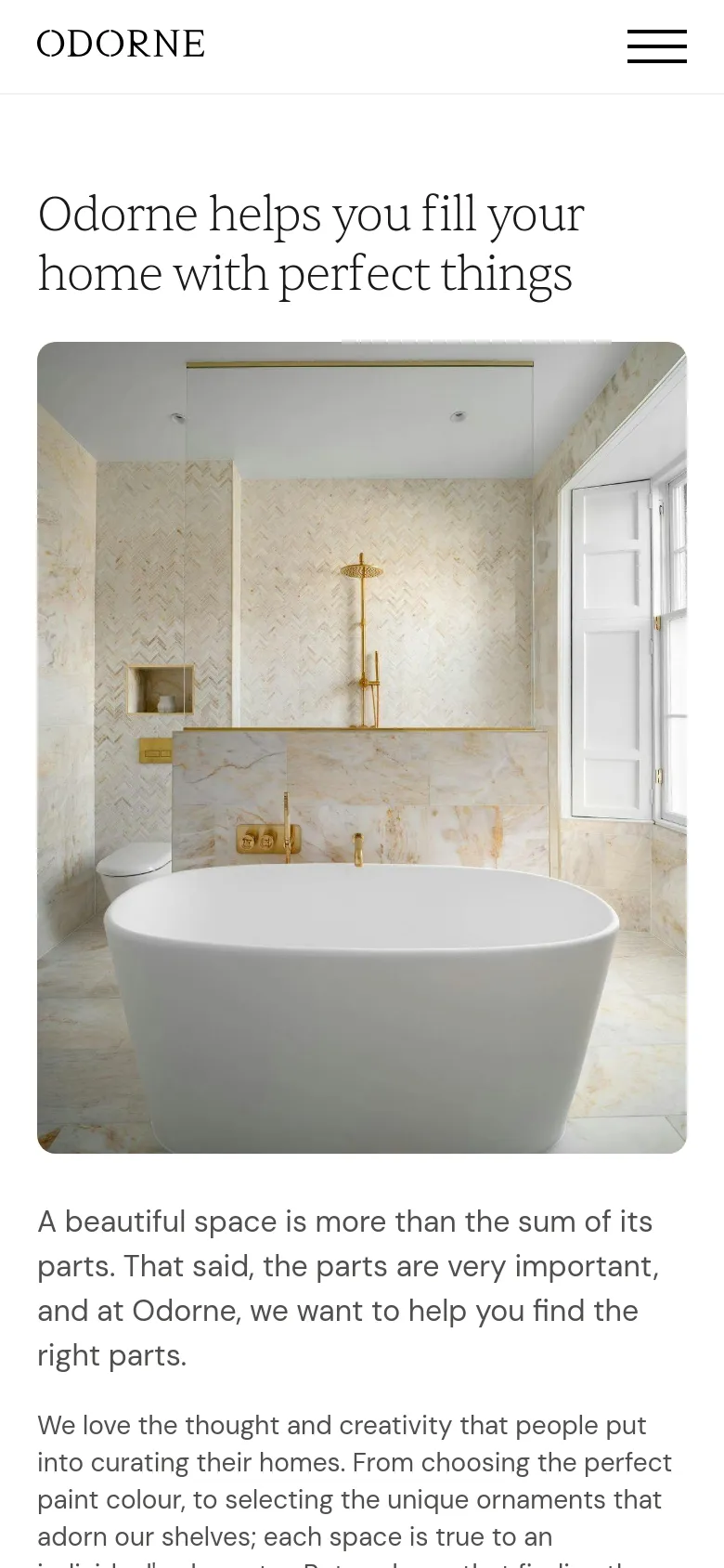 The mobile version simplifies the layout, stacking the headline above a large hero image of a bright bathroom with marble walls and a white soaking tub. The top navigation is condensed, showing only the Odorne logo and a hamburger menu icon, with the text content flowing vertically below the image.