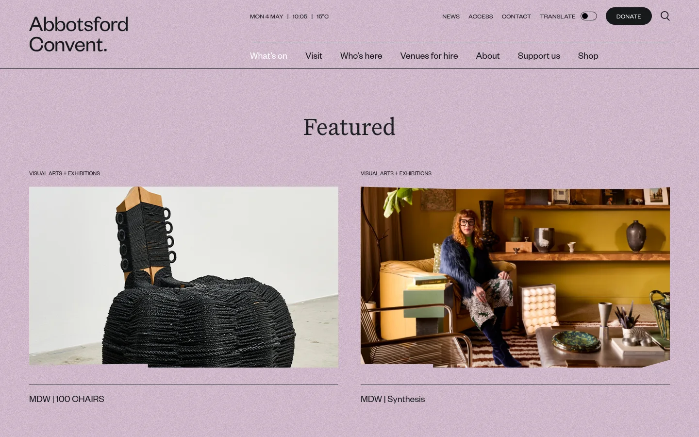 The desktop page features a light purple background with the Abbotsford Convent logo and navigation menu at the top. A large 'Featured' headline sits above a grid of large, rectangular images showcasing art exhibitions, including a sculptural black chair and a person in a room. Primary navigation links include What's on, Visit, and Who's here, with a prominent 'Donate' button in the header.