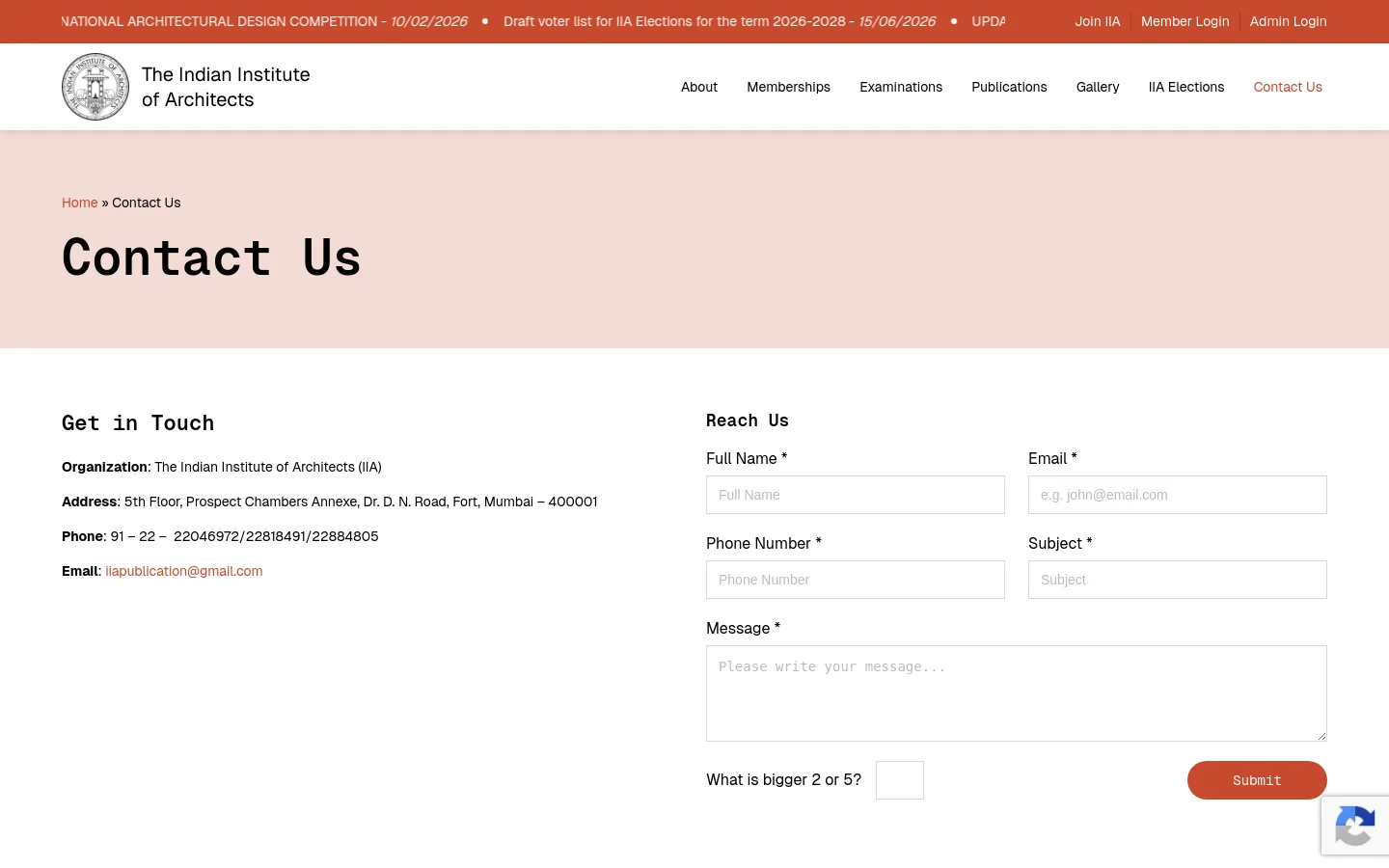 The Contact Us page features a light pink header with the large headline 'Contact Us' and breadcrumb navigation. Below, the layout is split into two columns: 'Get in Touch' on the left provides the organization name, address, phone numbers, and email, while 'Reach Us' on the right contains a contact form with fields for name, email, phone, subject, and message. The website uses a clean white and pink color palette with a top navigation bar containing links like About, Memberships, and Contact Us.