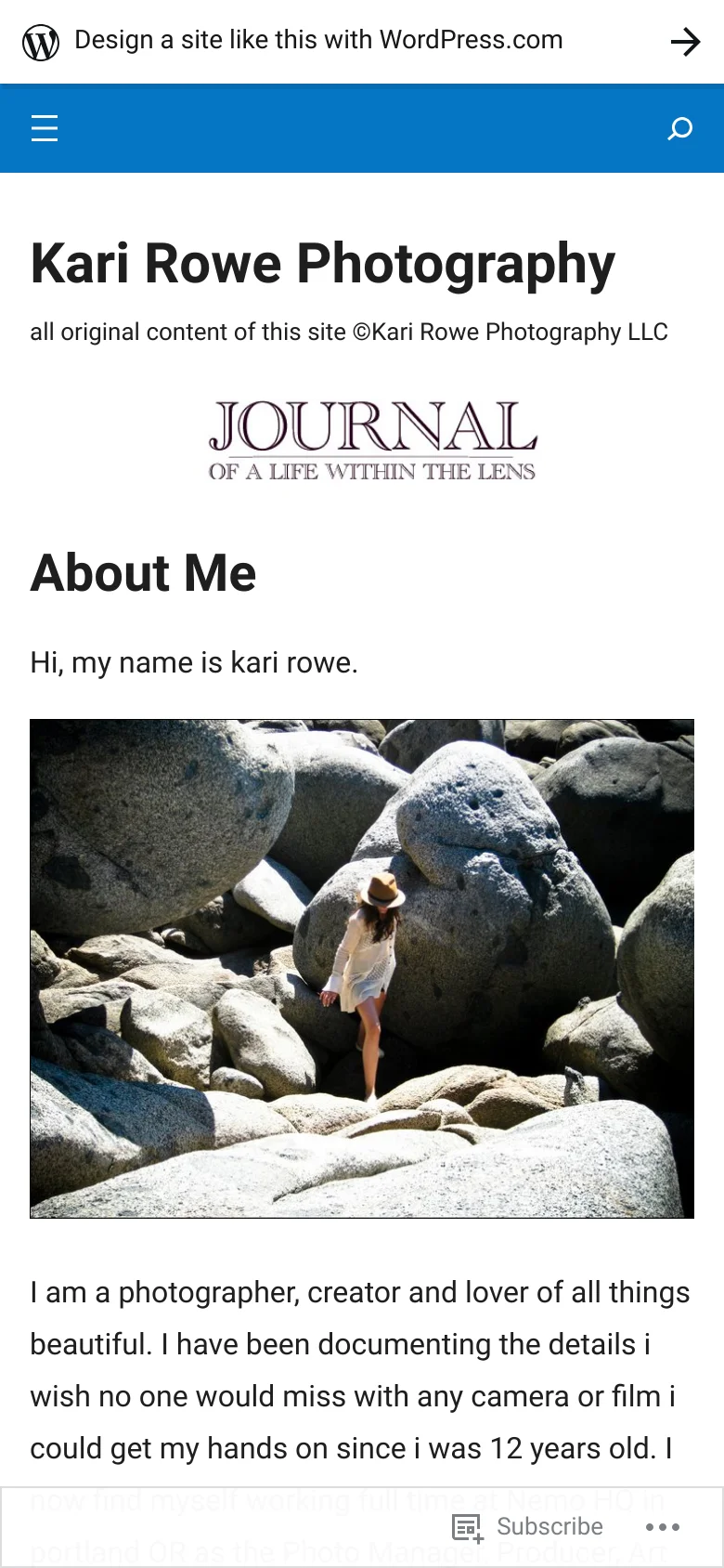 The mobile version presents a single-column layout with a blue header containing a hamburger menu and search icon. The 'Kari Rowe Photography' title and logo are stacked vertically above the 'About Me' heading and the large boulder photograph, which spans the width of the screen. The sidebar content from the desktop version is hidden behind the menu icon.