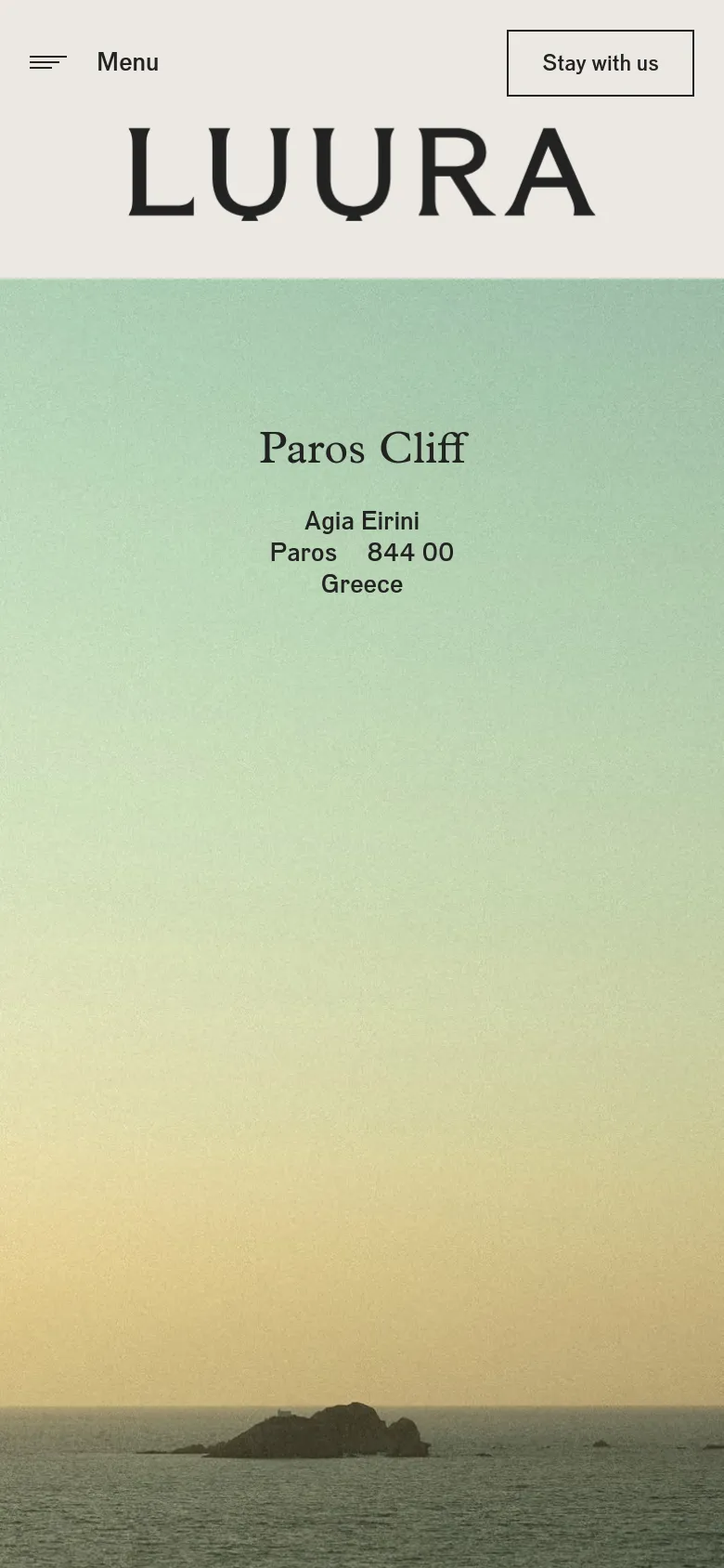 The mobile version presents a simplified layout with a hamburger menu icon and 'Menu' text on the left, and the 'Stay with us' button on the right. The 'LUURA' logo is centered above the 'Paros Cliff' headline and address, which are set against the same gradient background as the desktop view.