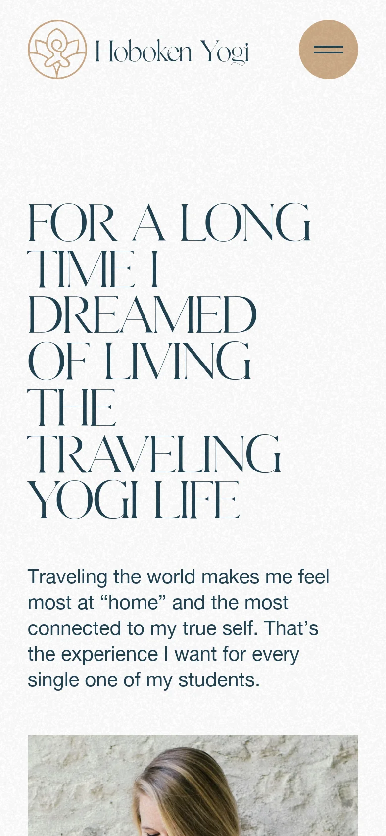 The mobile version simplifies the layout, stacking the large serif headline above a descriptive paragraph. The top navigation is condensed into a circular hamburger menu icon next to the Hoboken Yogi logo, and the hero image is positioned below the introductory text.