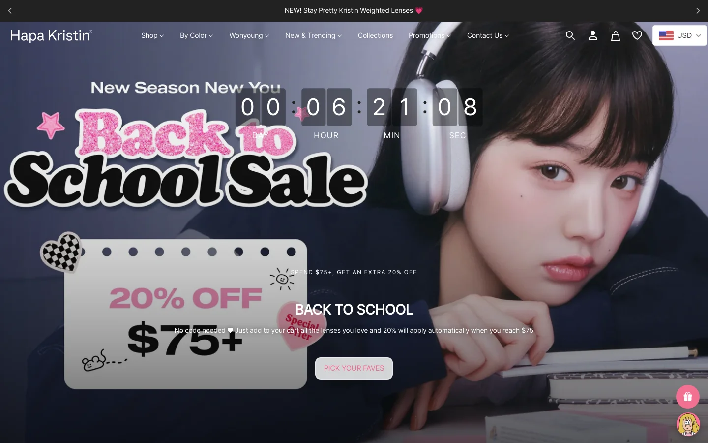The desktop homepage features a large hero banner with a young woman wearing headphones, overlaid with a 'Back to School Sale' graphic and a countdown timer. A promotional banner offers 20% off orders over $75 with a 'Pick your faves' call to action button. The layout is clean with a white navigation bar at the top and a dark theme for the hero section.