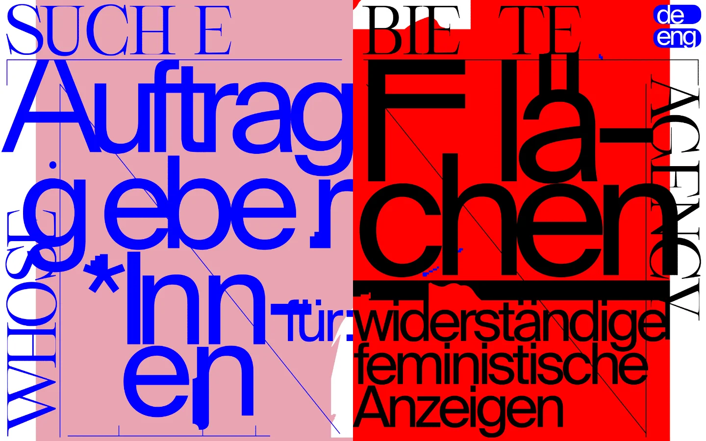 The desktop homepage features a bold, avant-garde typographic layout with large, overlapping text in blue and black against pink and red backgrounds. The words 'SUCHE' and 'BIETE' dominate the top, while large stylized text fills the center, creating a high-contrast, collage-like aesthetic. A language toggle for German and English is visible in the top right corner.
