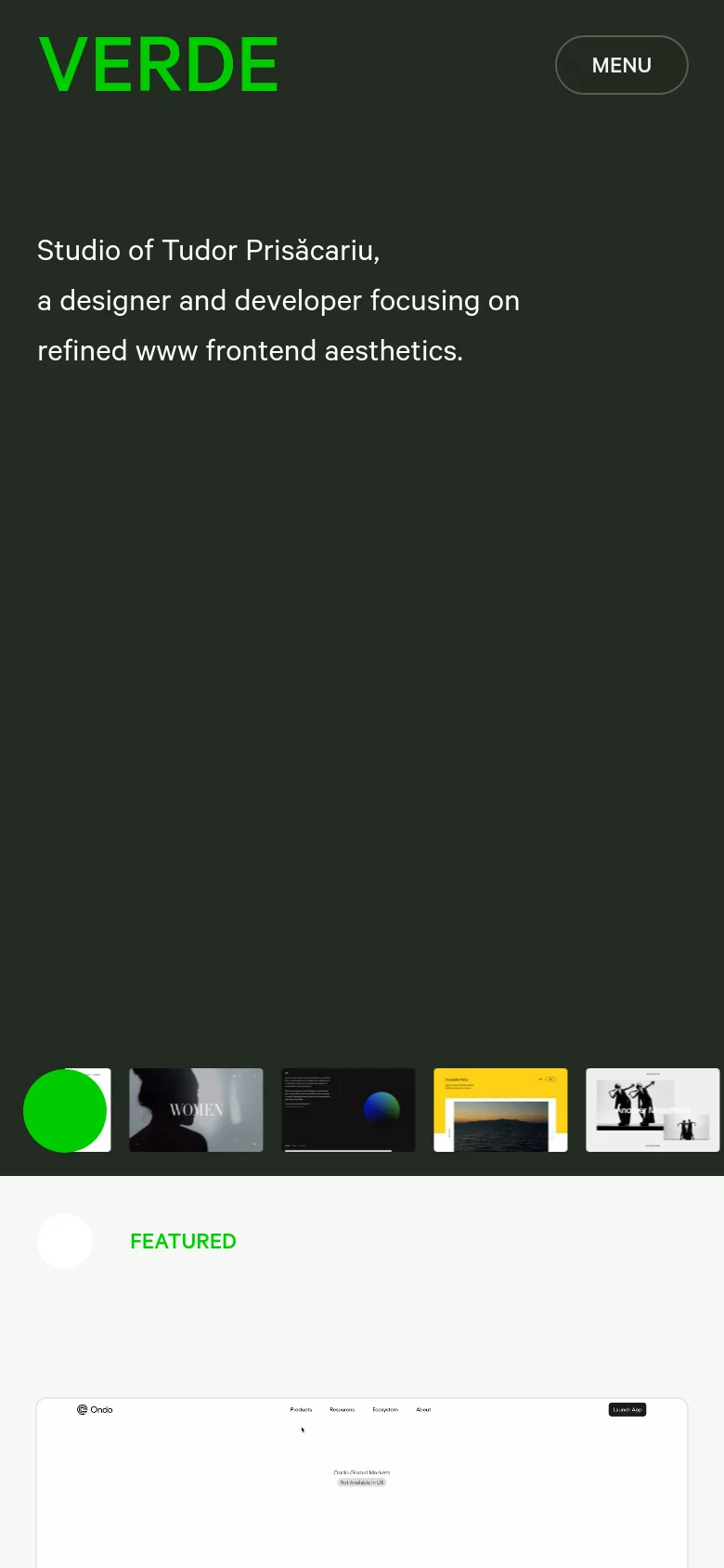 The mobile version maintains the dark green background and lime green 'VERDE' branding but uses a centered layout for the text. The 'MENU' button remains in the top right, while the project thumbnails are rearranged into a horizontal scrolling row below the main text. The 'FEATURED' section follows, transitioning into a white background with project cards.
