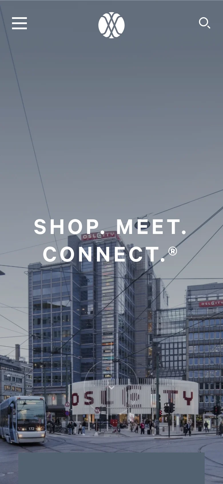 The mobile version shows the same city hero image but with a simplified layout. The navigation is condensed into a hamburger menu on the left and a search icon on the right, with the company logo centered at the top. The main headline is centered in the middle of the screen.