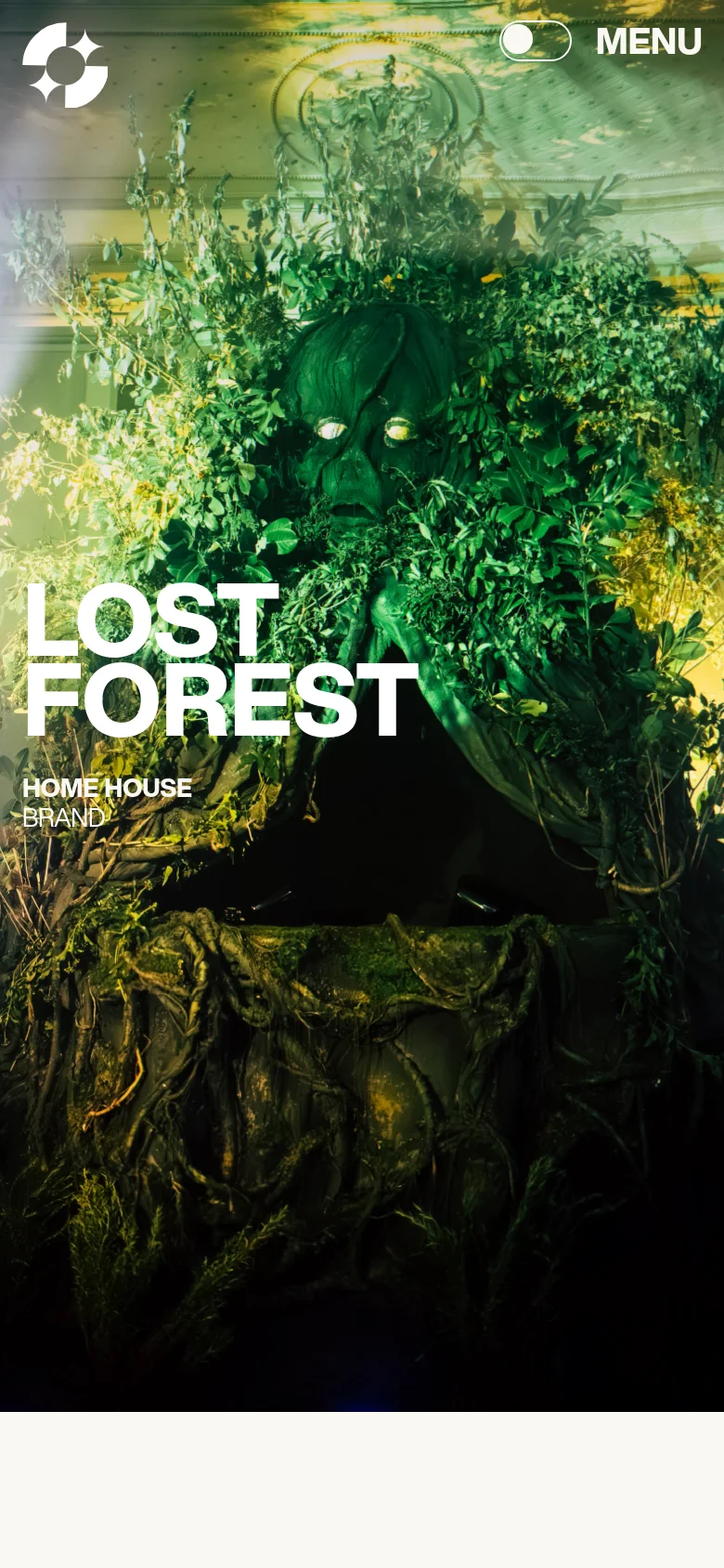Goodnight Lost Forest mobile page with a vertically stacked layout. The hero section features the large Lost Forest title overlaid on a dense, dark green foliage background, with a condensed menu and brand logo at the top.