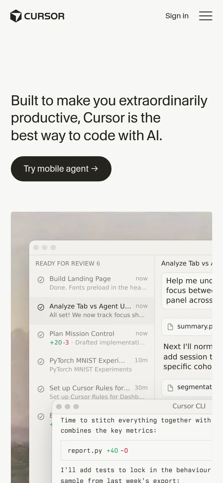 The mobile version simplifies the layout, stacking the headline and 'Try mobile agent' call-to-action button vertically. The top navigation is replaced by a hamburger menu icon next to the Cursor logo and 'Sign in' link, while the large hero image of the code editor is scaled down to fit the narrower screen width.