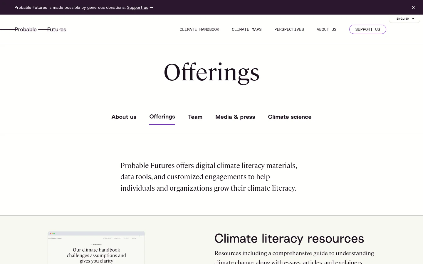 The desktop page features a clean, minimalist white layout with a large 'Offerings' headline and a sub-navigation menu. Below, a brief introductory paragraph is followed by a section titled 'Climate literacy resources' accompanied by a graphic of digital handbook pages. The design uses dark serif typography and ample white space.