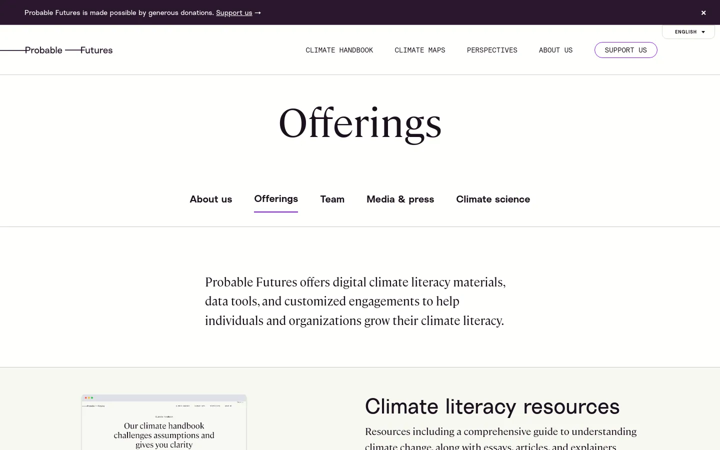 The desktop page features a clean, minimalist white layout with a large 'Offerings' headline and a sub-navigation menu. Below, a brief introductory paragraph is followed by a section titled 'Climate literacy resources' accompanied by a graphic of digital handbook pages. The design uses dark serif typography and ample white space.