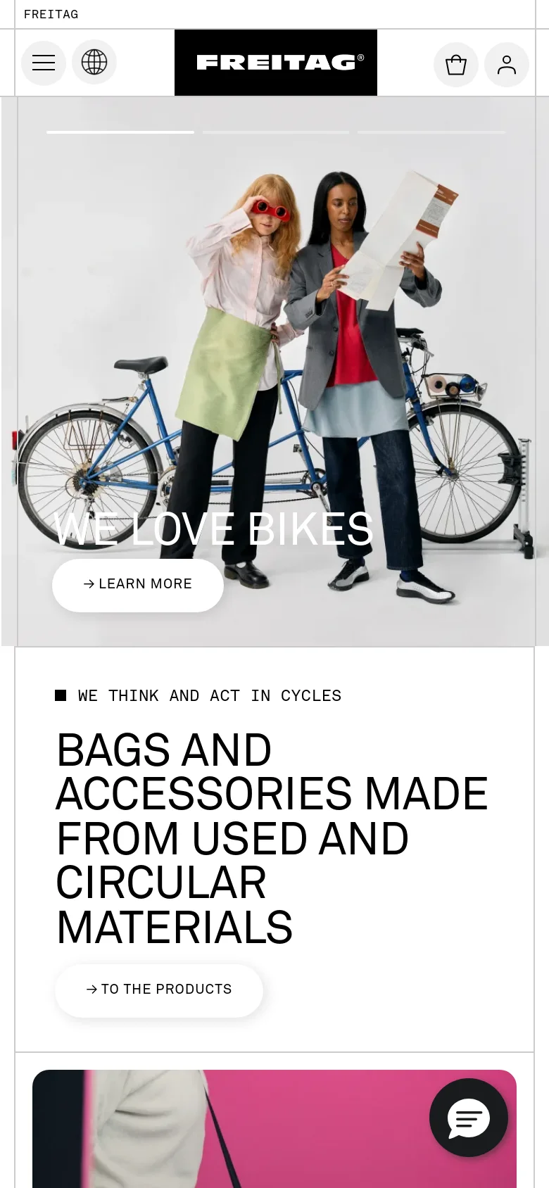 Freitag mobile homepage with a vertically stacked layout. Large lifestyle imagery dominates the screen, featuring bold white typography overlaid on product shots. Navigation is condensed into a hamburger menu and a simplified header with a shopping bag icon.
