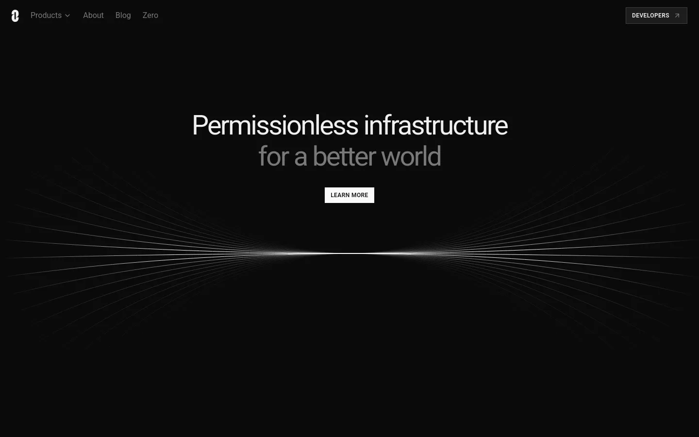 The desktop homepage features a dark, minimalist design with a central headline reading 'Permissionless infrastructure for a better world' in white text. A white 'LEARN MORE' button sits below the text, set against a background of radiating white lines that converge at a central point. A top navigation bar includes the LayerZero logo, 'Products', 'About', 'Blog', 'Zero', and a 'DEVELOPERS' button.